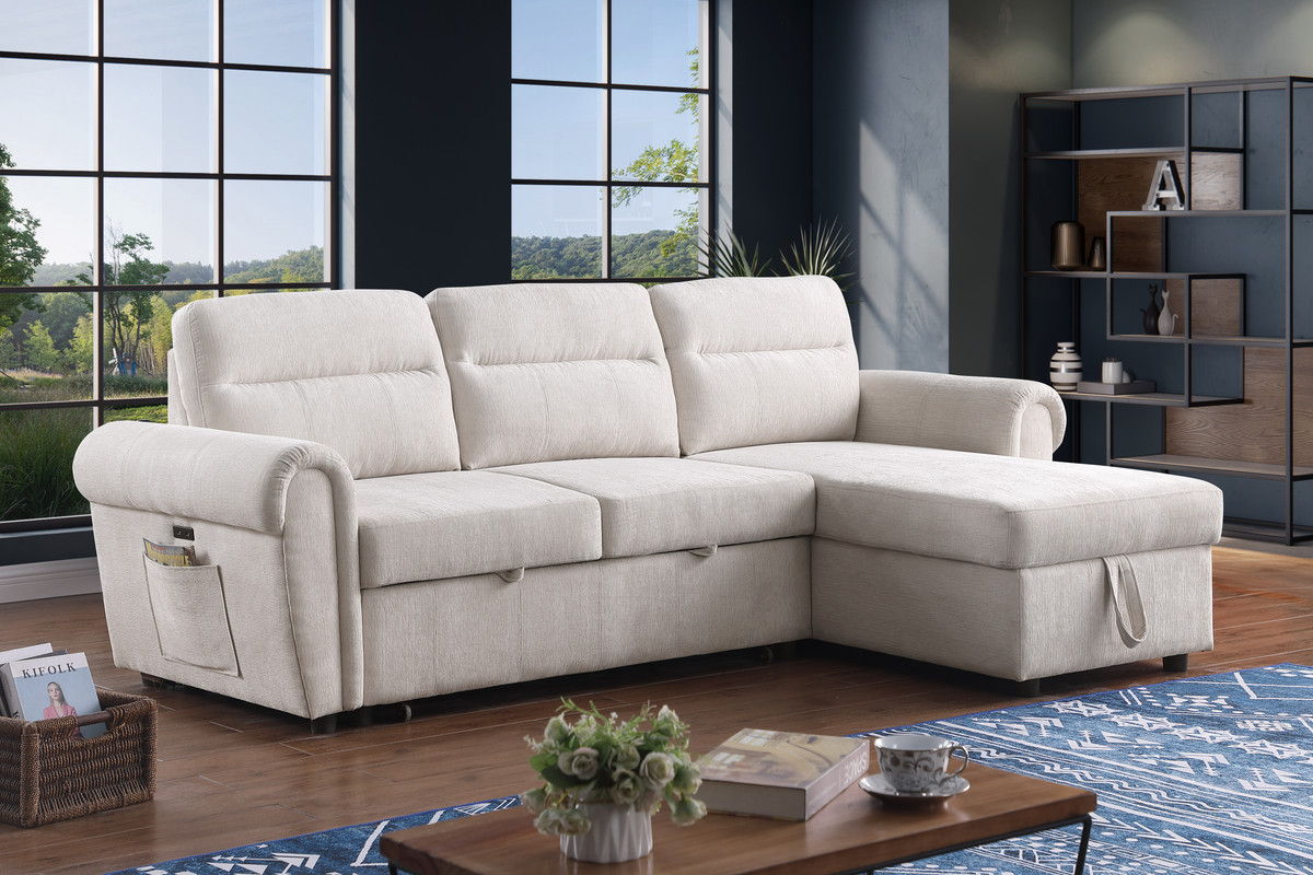 Hugo 97"W Beige Chenille Reversible Sleeper Sectional Sofa Chaise with USB Charger, Phone/Magazine Pockets