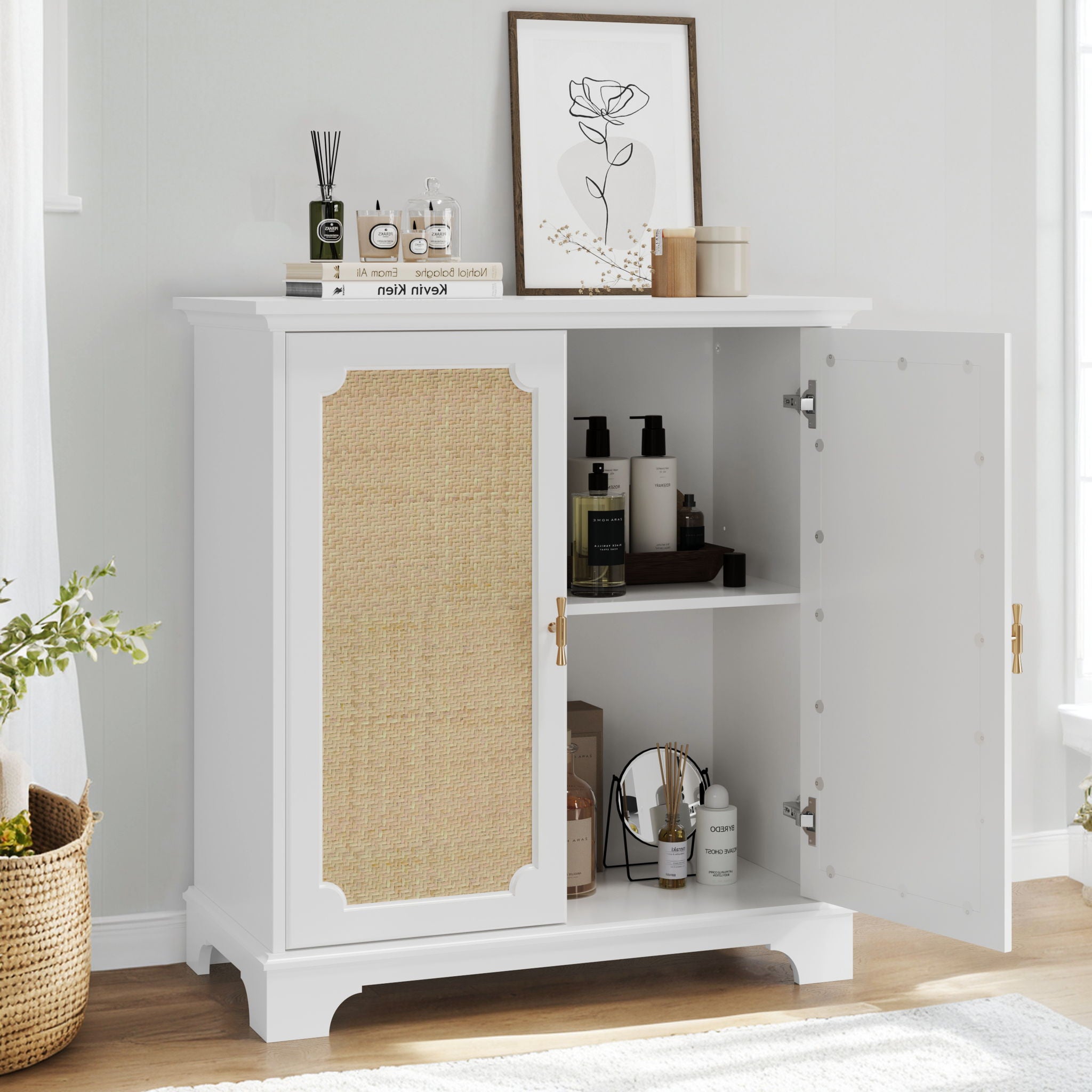 Rattan Decorated Sideboard Buffet Storage Liquor Cabinet - White