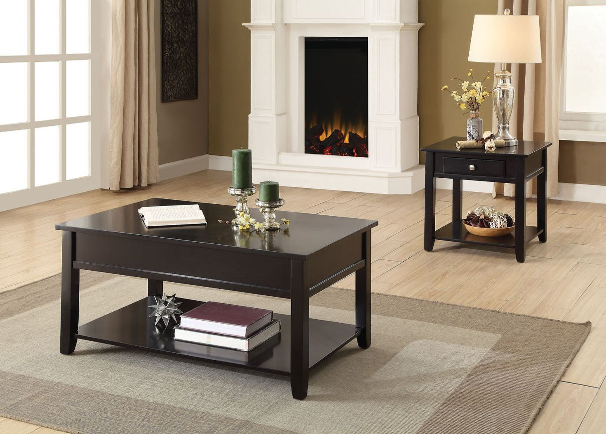 The Malachi Coffee Table offers a Transitional Style in a warm Finish. The Coffee Table Features a easy lift top with storage space, tapered legs complemented by a bottom display shelf. KD Construction (Assembly Required)