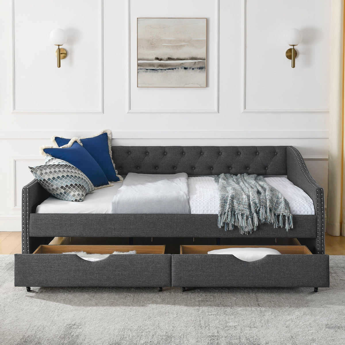 Full Size Upholstered Daybed With Tufted Back And Nail Trimmed Waved Arms - Dark Gray