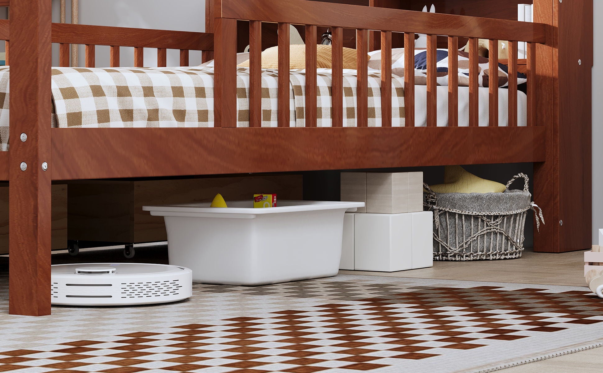 Bed With Headboard Storage Rack, 2 Under Bed Drawers, 3 Side Guardrails For Safety