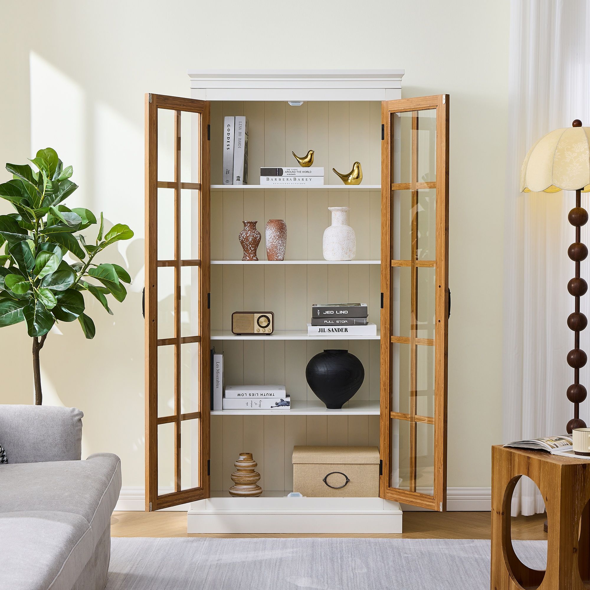 Rustic Style Display Cabinet With Glass Doors For Collectibles