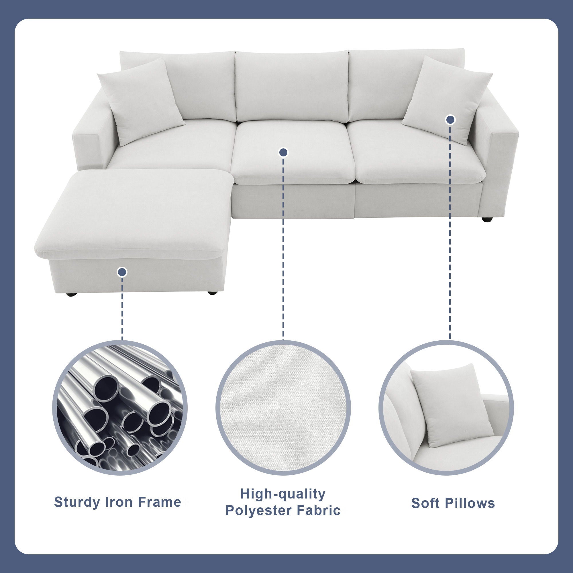 Modern Sectional Sofa With Throw Pillows, Cloud L Shaped Couch Set With Wide 4 Seat Comfy Couch Set With Movable Ottoman