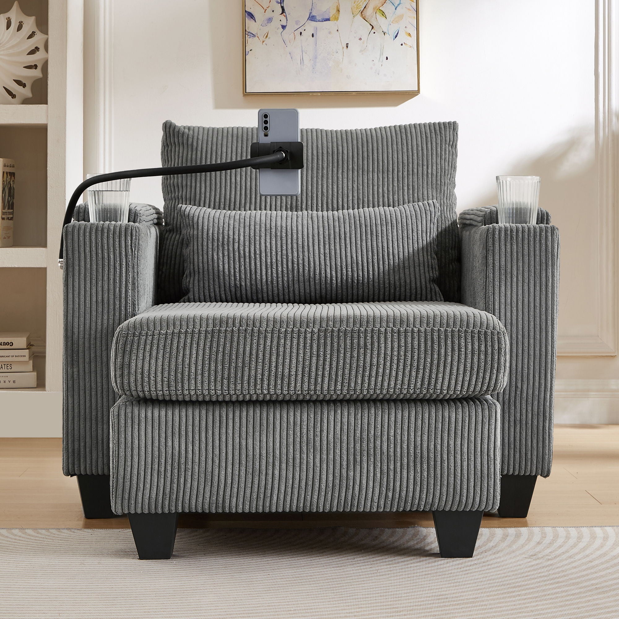 Convertible Chaise Lounge Sofa Chair With USB Ports, Cup Holders, Phone Holder And Storage