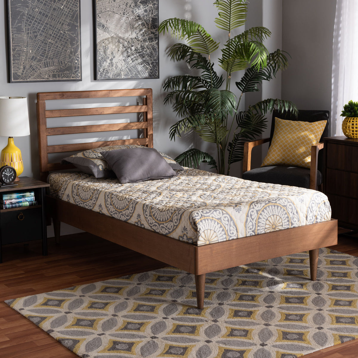 Ryo Mid-Century Modern Transitional Walnut Brown Finished Wood Twin Size Platform Bed