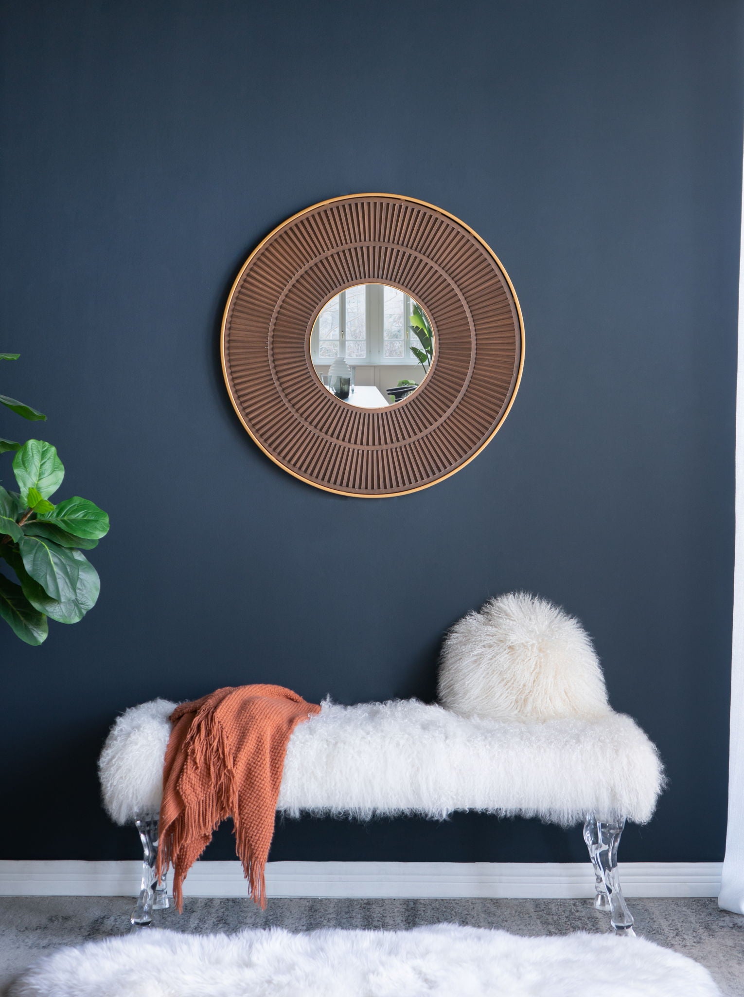 Round Carter Wooden Mirror WithIron Frame Neutral Colorway Wall Decor For Live Space