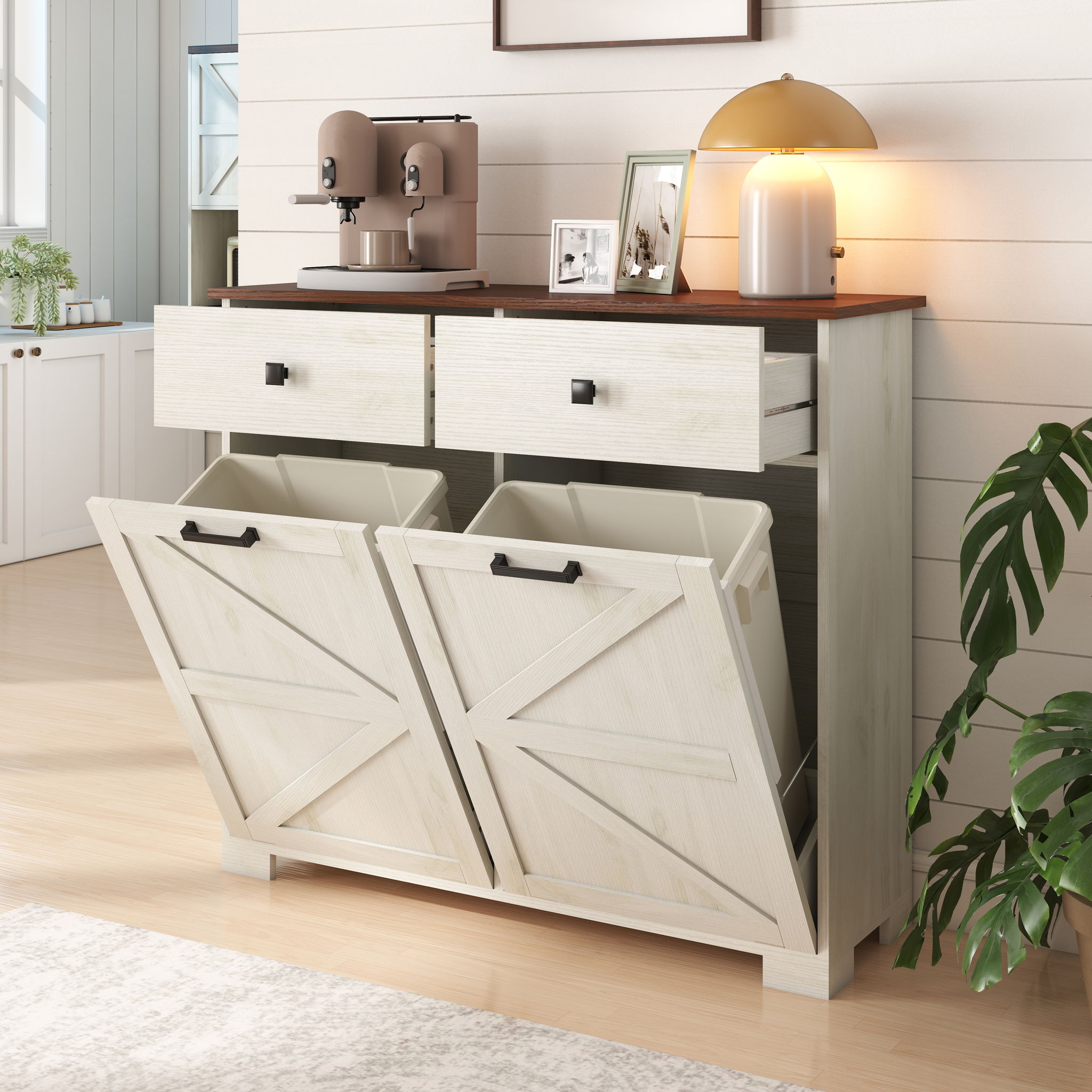 Double Tilt Out Trash Cabinet With Hideaway Drawer And Barn Door Style