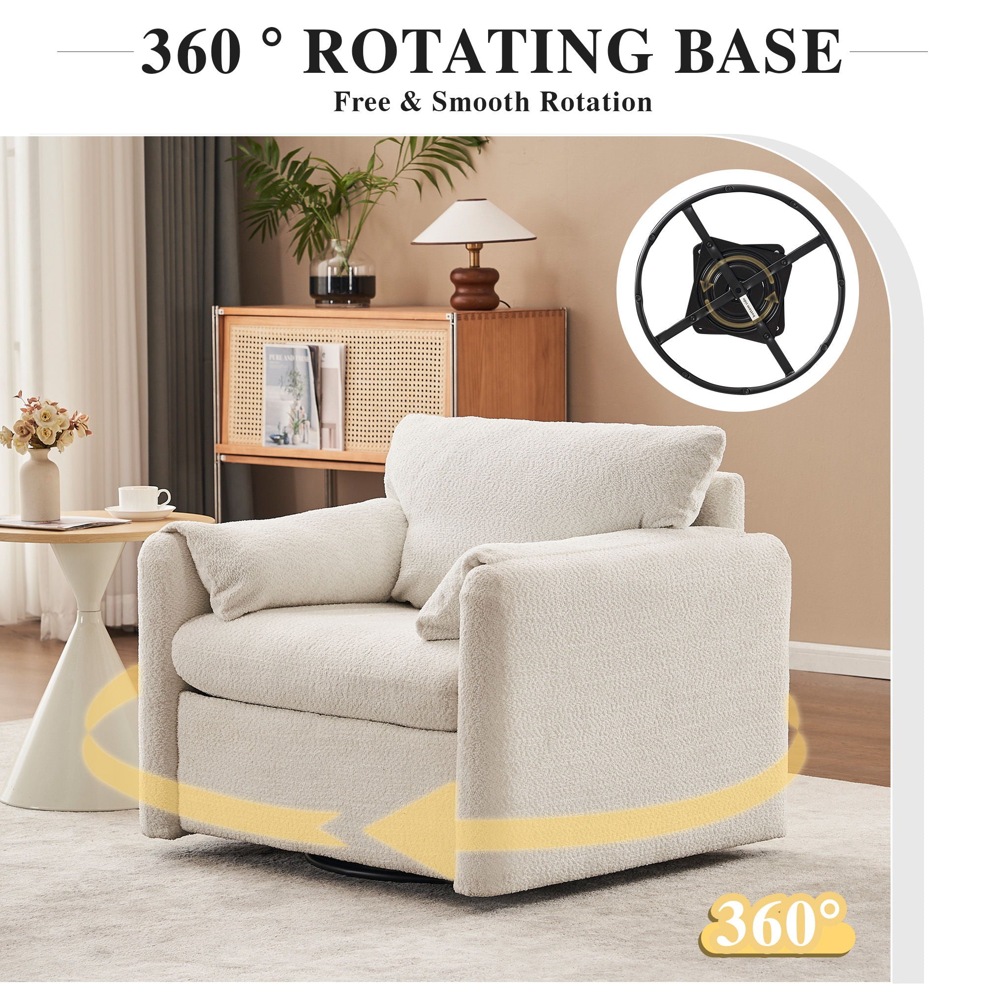 Swivel Modern Swivel Accent Chair Single Seater 360° Rotating For Living Room, Bedroom - Ivory White