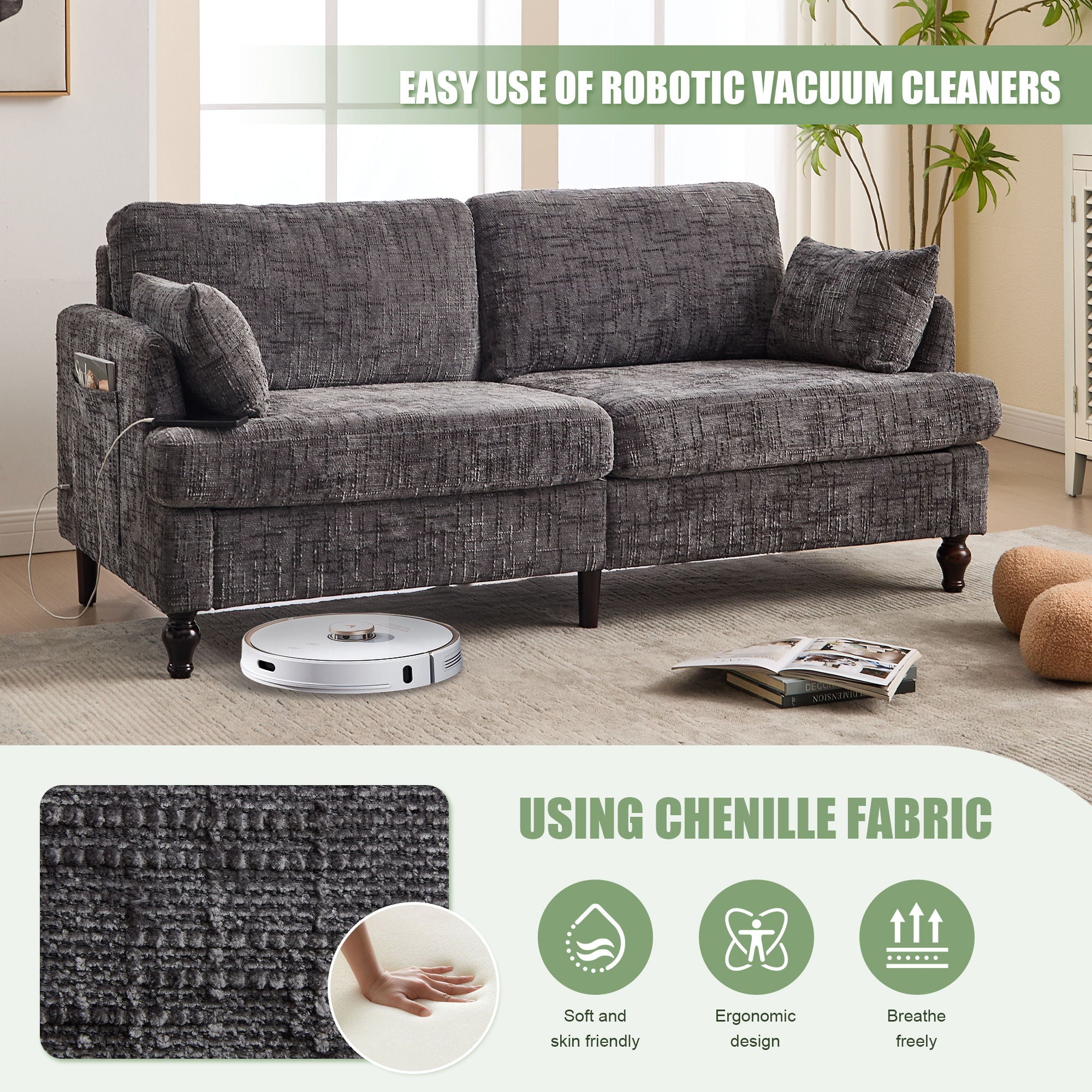 Chenille 2 Seater Sofa With LED Light, USB Charging Port, And Storage Bag