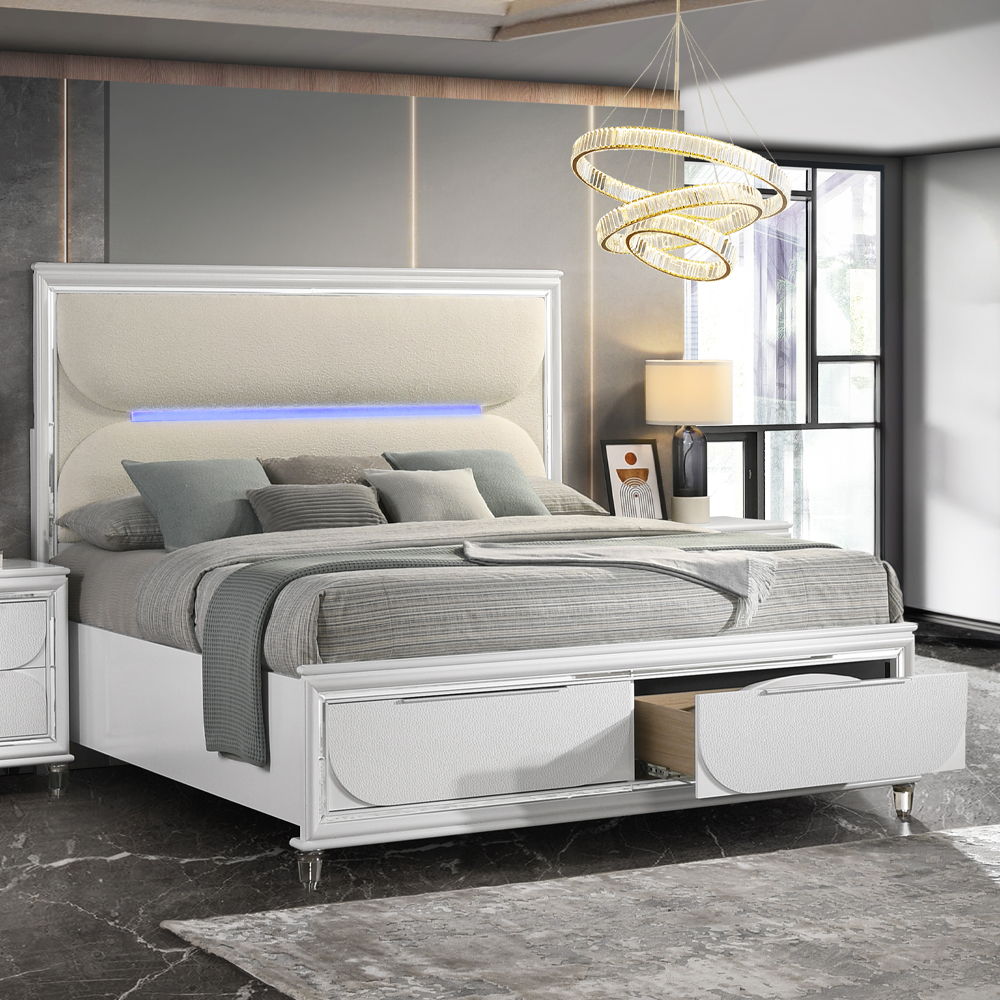 ACME Box Spring NOT Required (13 Slats), Padded Headboad, LED Included(Headboard & Mirror), Storage Footboard, Acrylic KD Legs, Drawer: Dovetail, 2/3 Extension Glide, Mirror Trim | Meri Furniture