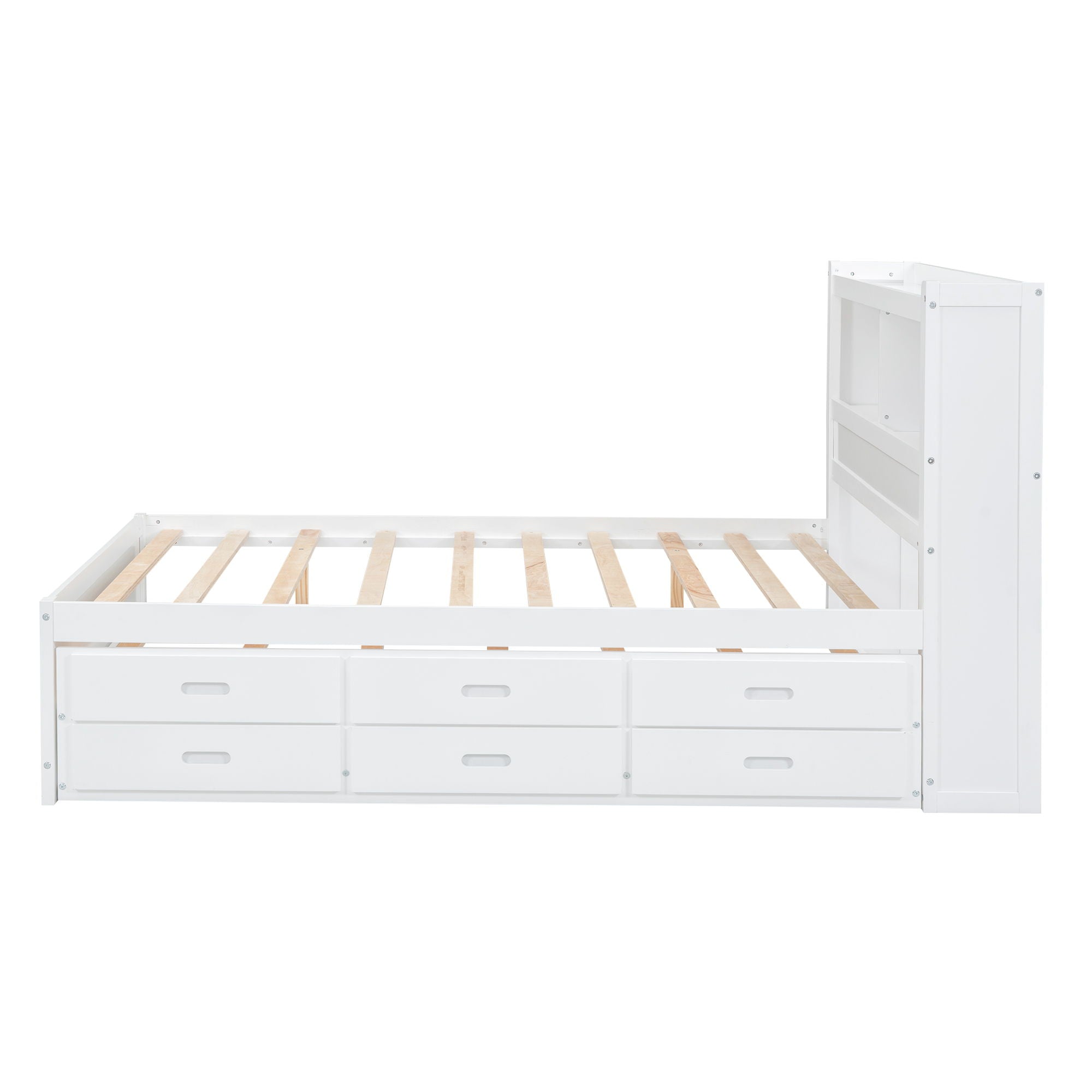 Full Size Platform Bed With Trundle, Drawers, USB Ports And Built In Shelves - White