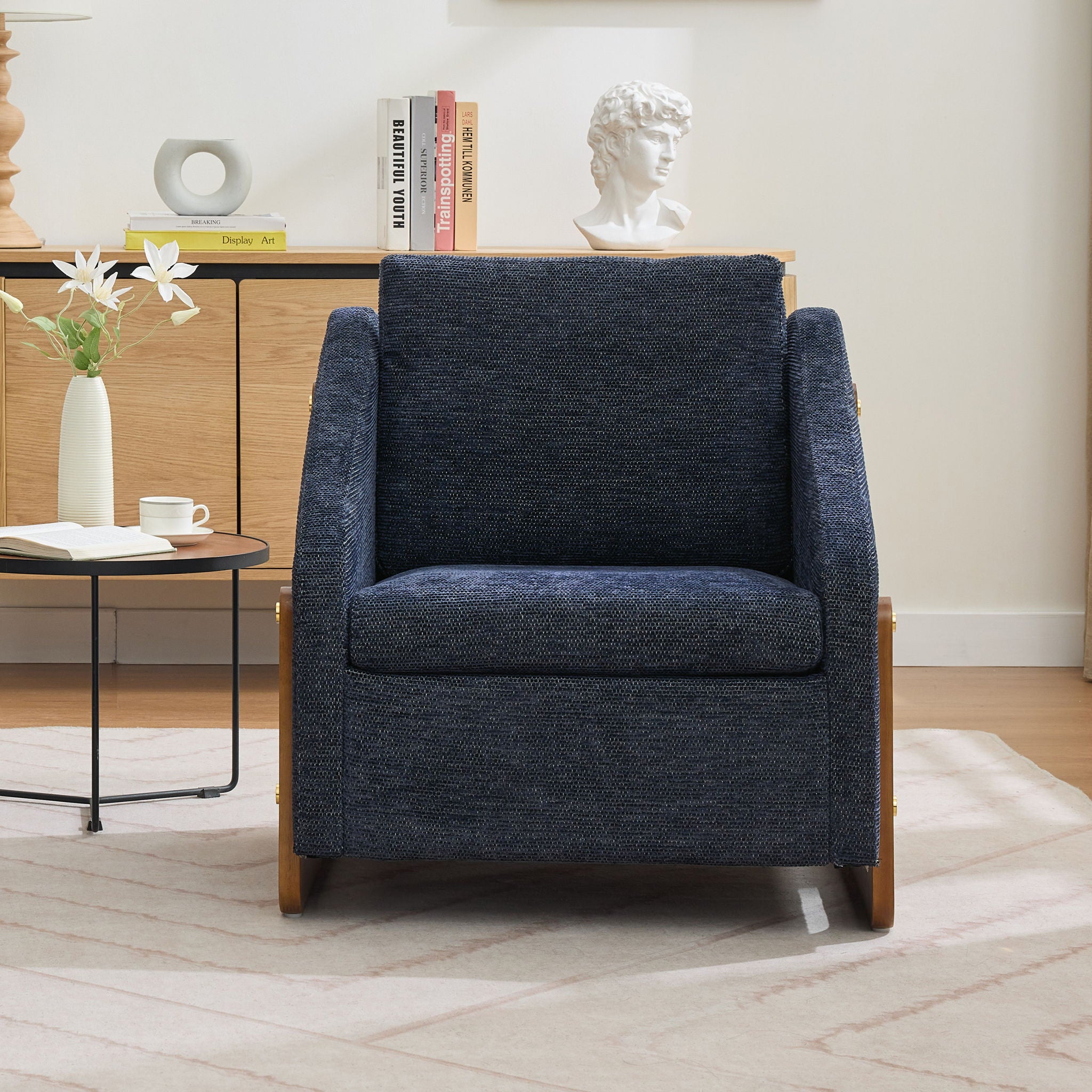 Modern Chenille Upholstered Armchair With Wooden Side Frame
