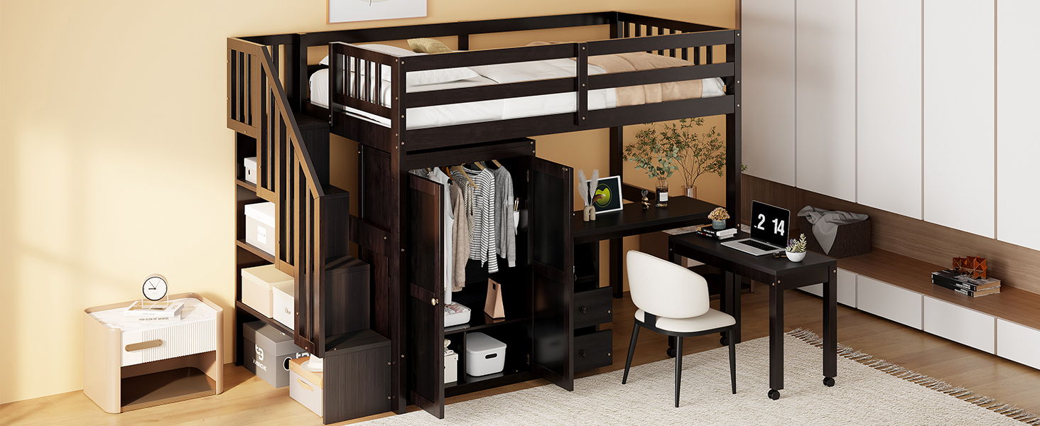 Loft Bed With Stairs, Bookshelf, Drawers, Desk & Wardrobe, Space Saving Multifunctional Furniture