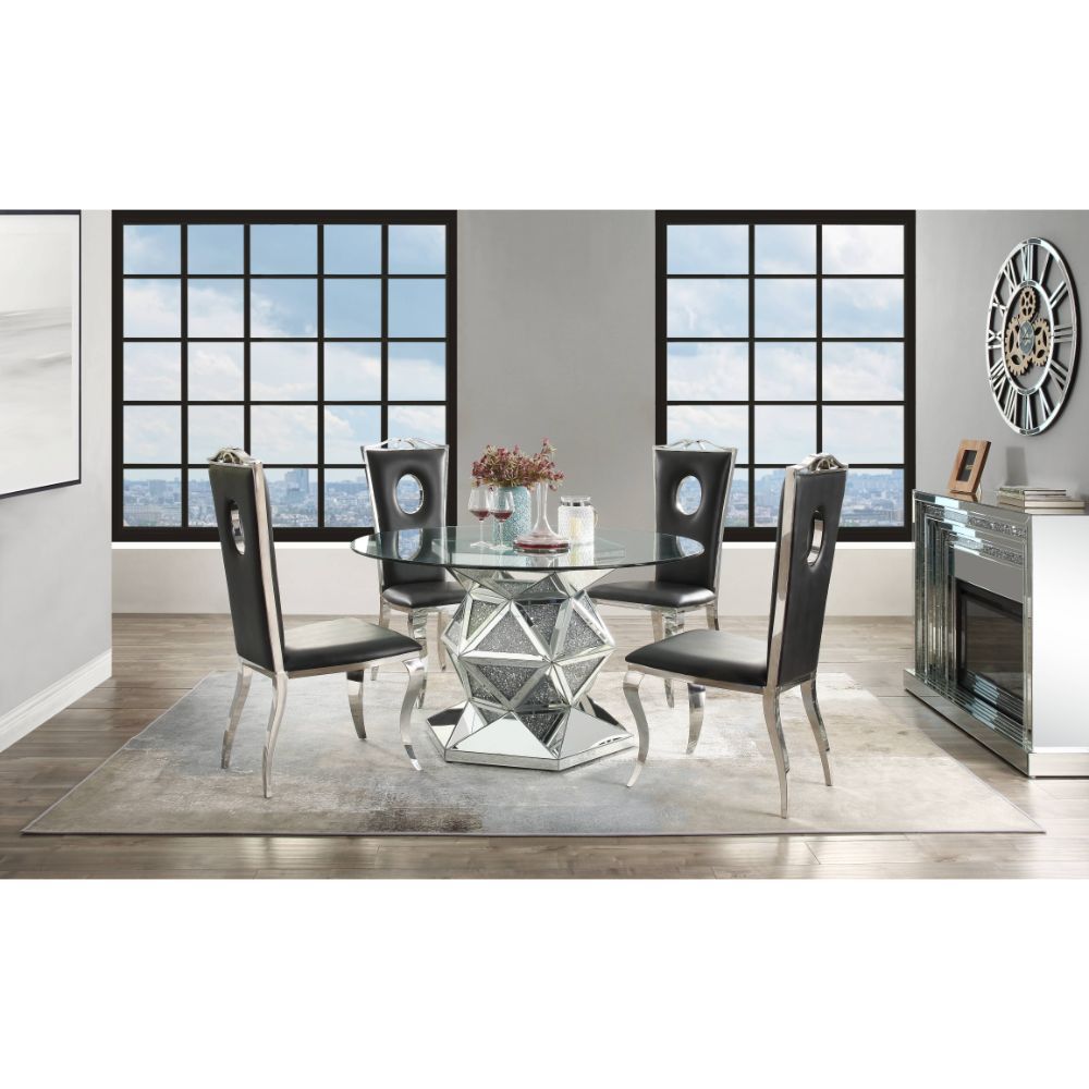 ACME Noralie - Dining Table - Mirrored & Faux Diamonds - 30" | Meri Furniture
