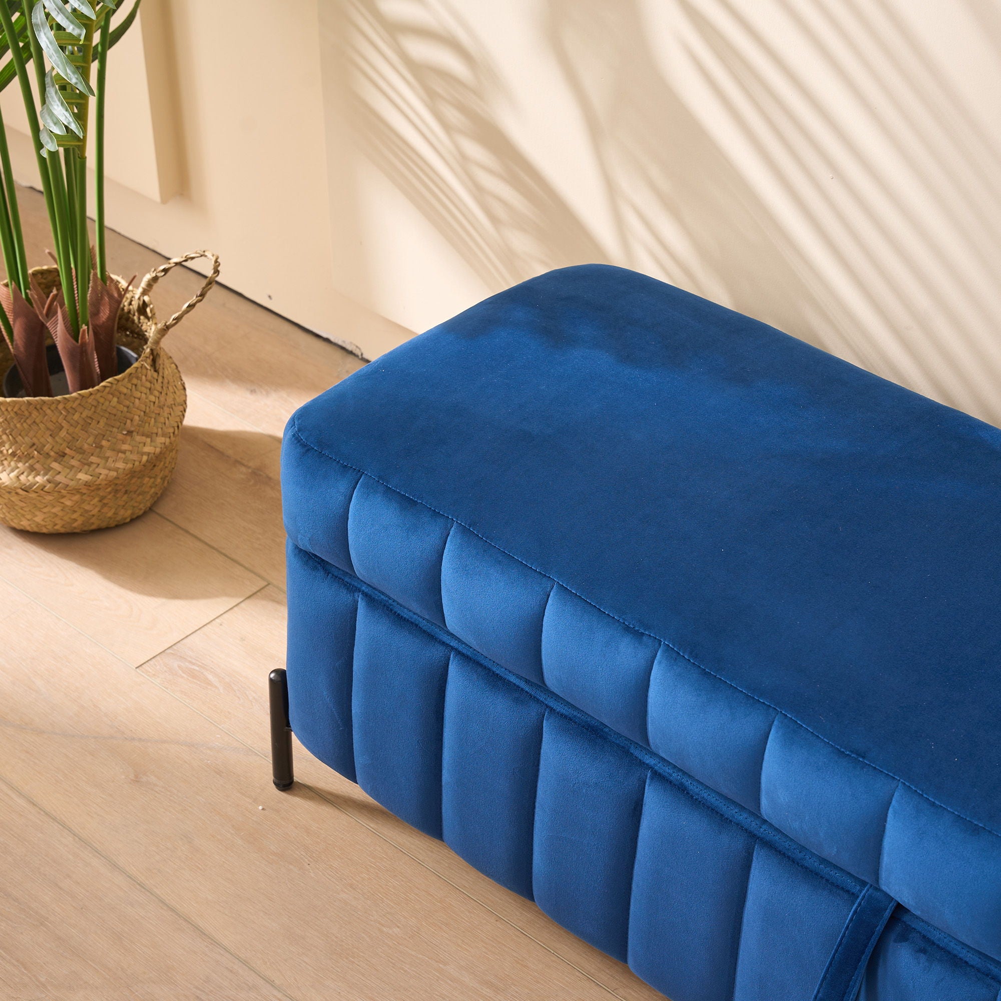 Wide Upholstered Velvet Storage Soft Bench Ottoman With Metal Legs