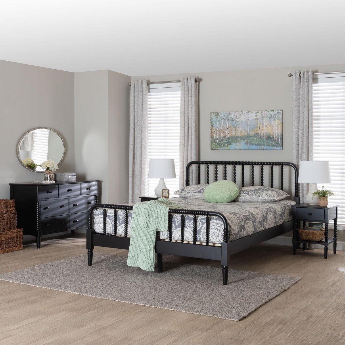 Braith Farmhouse Black Spindle Wood King Size 4-Piece Bedroom Set with Two Nightstands