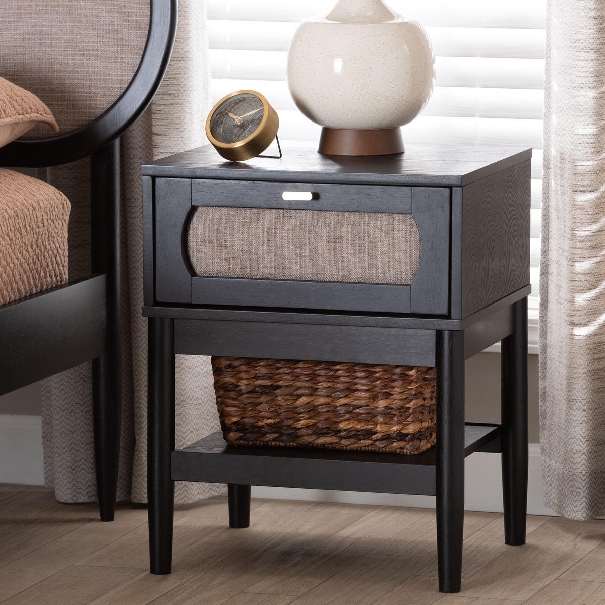 Shirin Mid-Century Beige Fabric and Black Wood 1-Drawer Nightstand