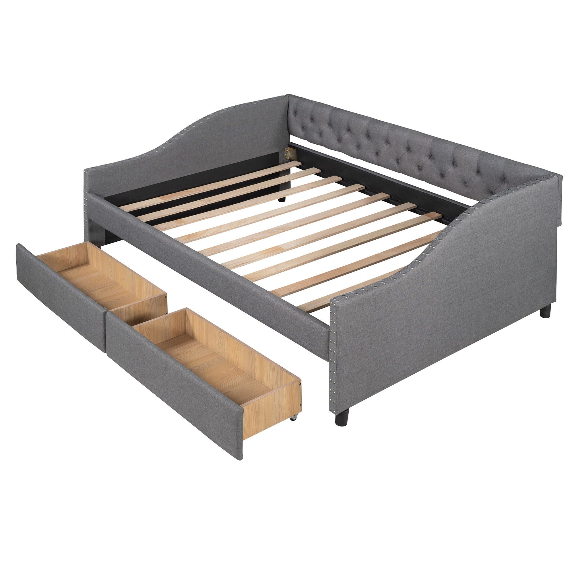 Upholstered Daybed With Two Drawers, Wood Slat Support