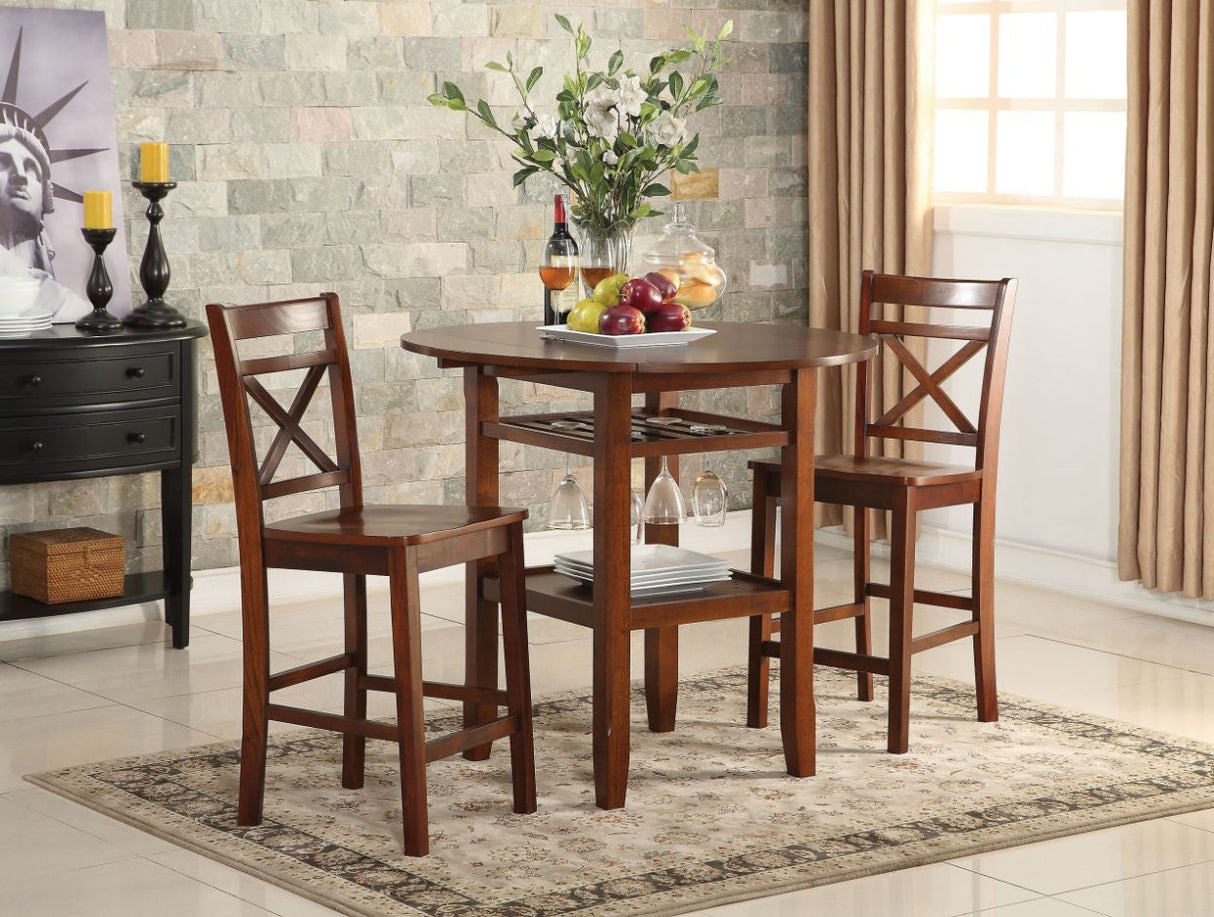 The Tartys collection creates functional and versatility perfect for any small dining space. This casual set features round leg table with 2 drop leaves, wine glass rack and bottom shelf.