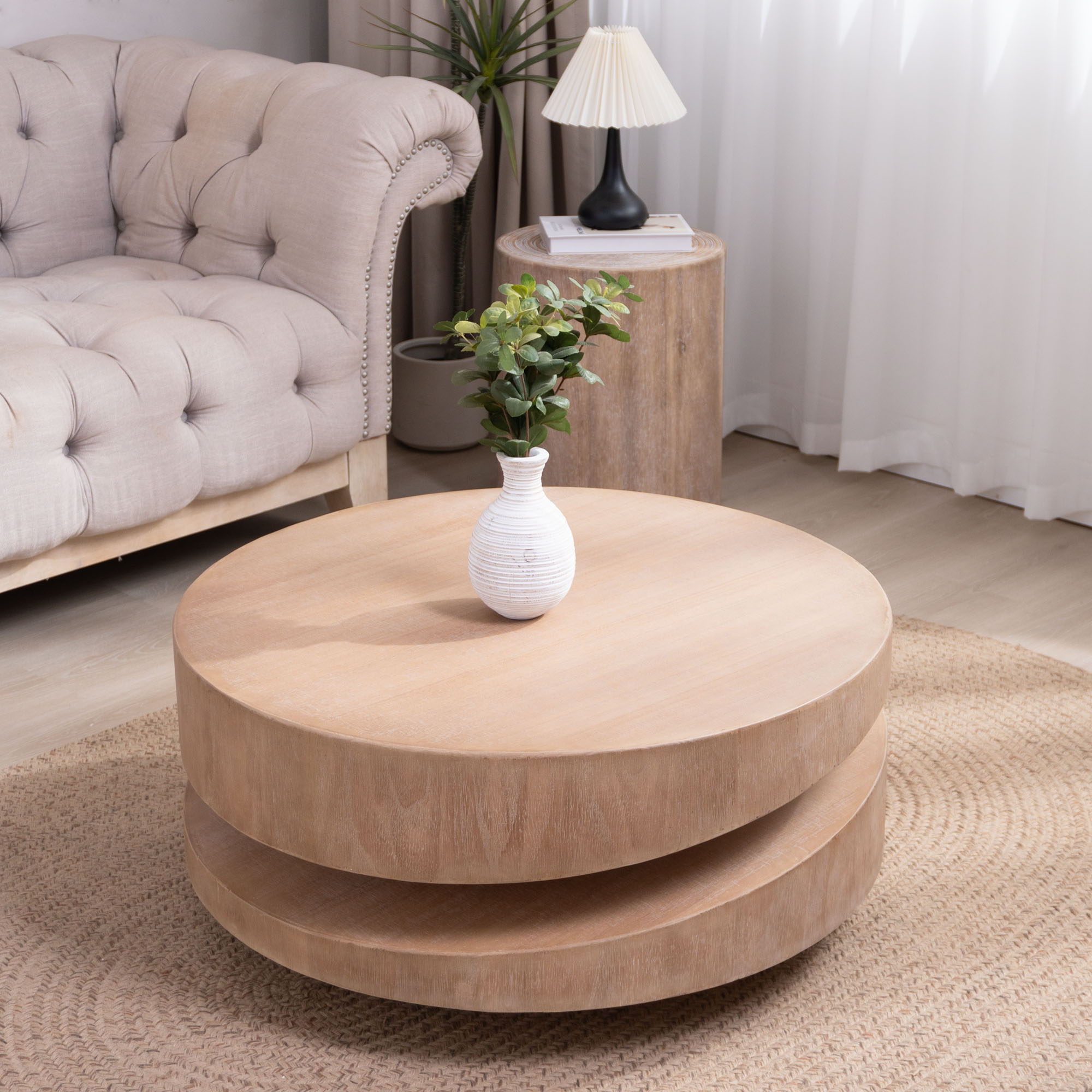 Modern Round Wood Coffee Table, Accent Table For Living Room - Antique Natural / Natural / Rustic