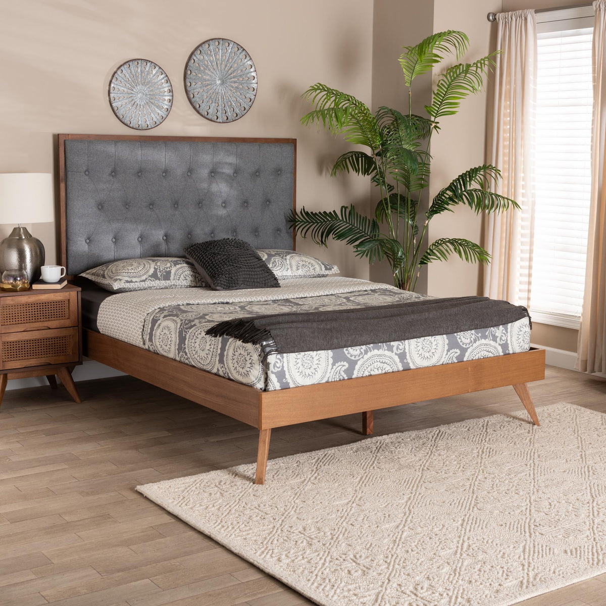 Dericia Classic and Traditional Grey Fabric and Walnut Brown Finished Wood King Size Platform Bed
