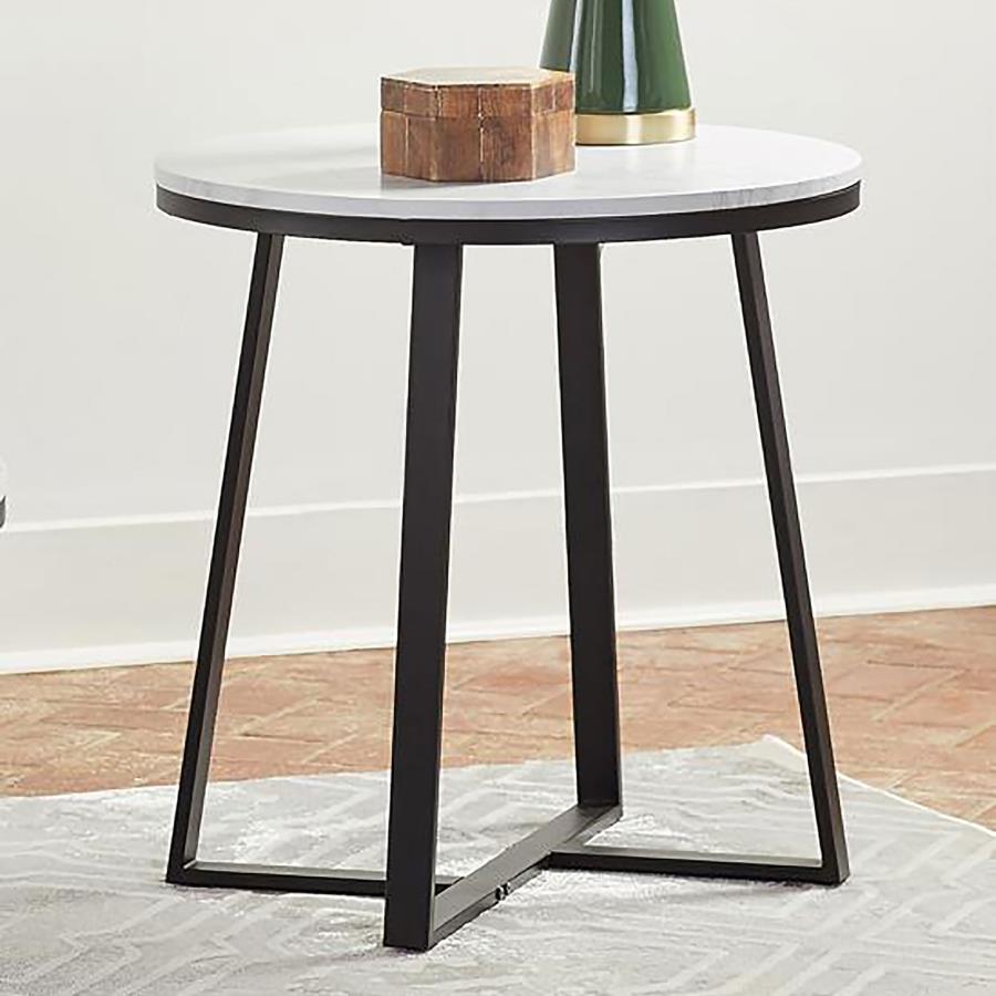 Coaster Fine Furniture Hugo - Round Faux Marble End Table - White And Matte Black | Meri Furniture