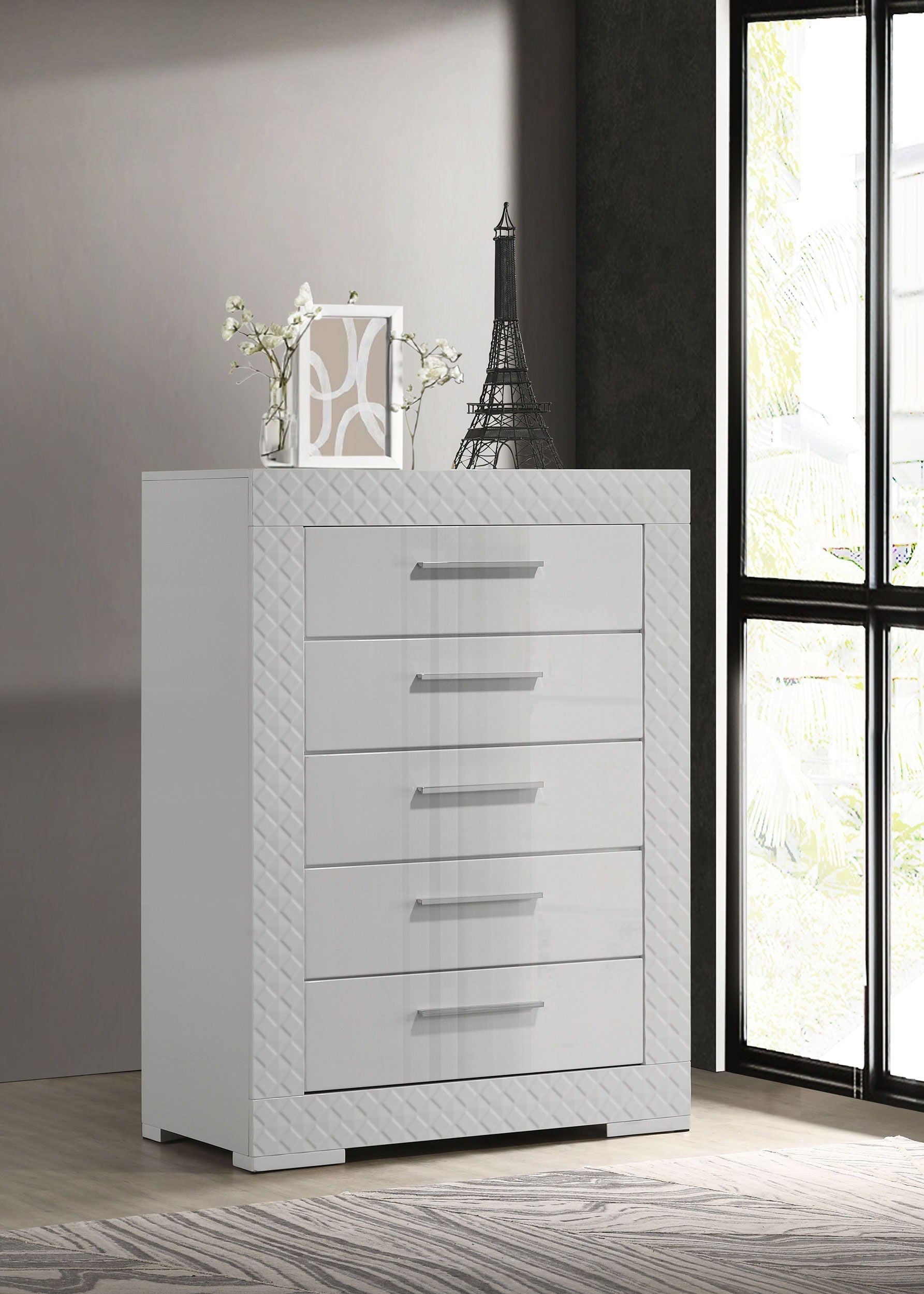 Coaster Fine Furniture Ives - 5-Drawer Bedroom Chest Of Drawers - White High Gloss | Meri Furniture