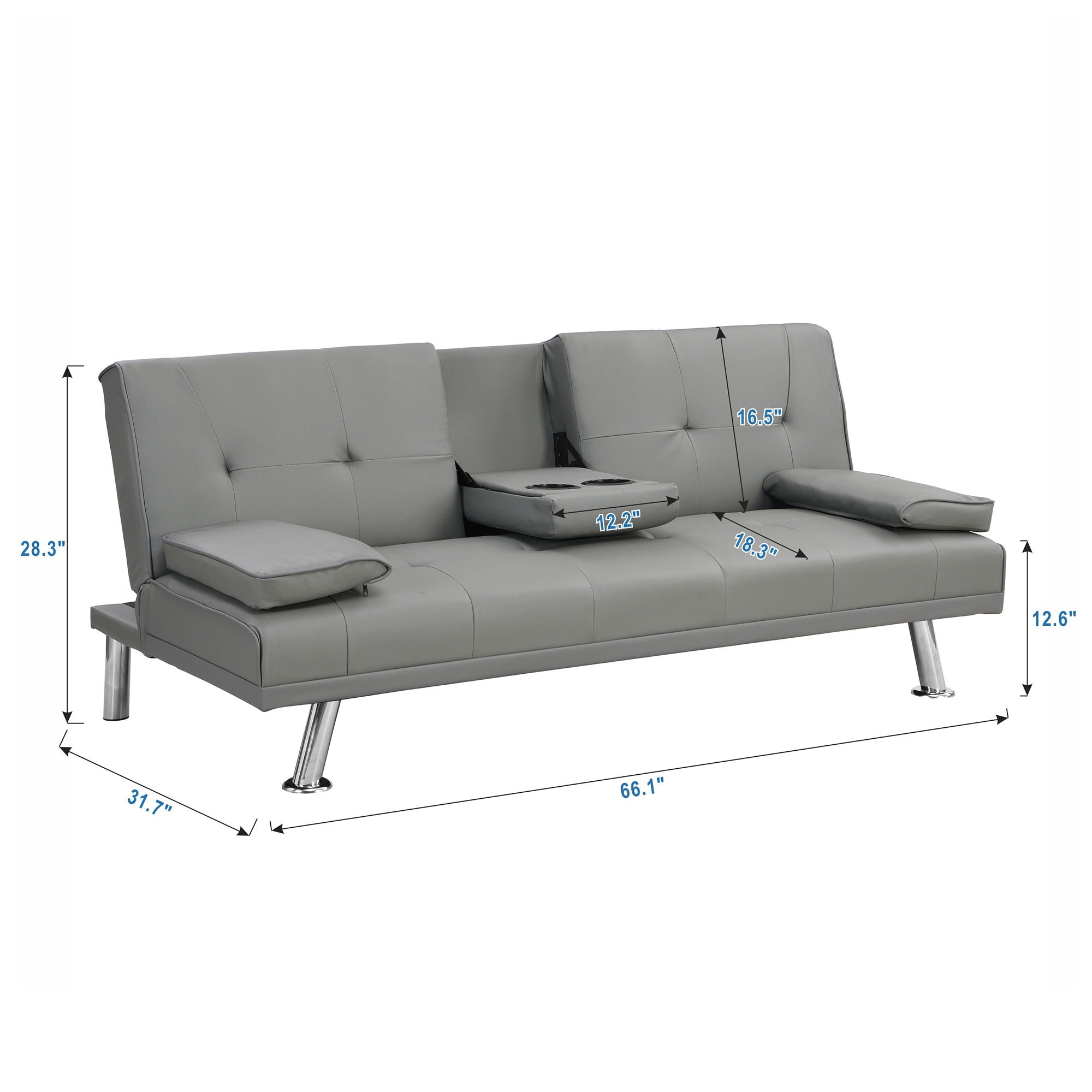 Modern Sofa Bed With Armrest 2 Holders, Wood Frame & Stainless Leg