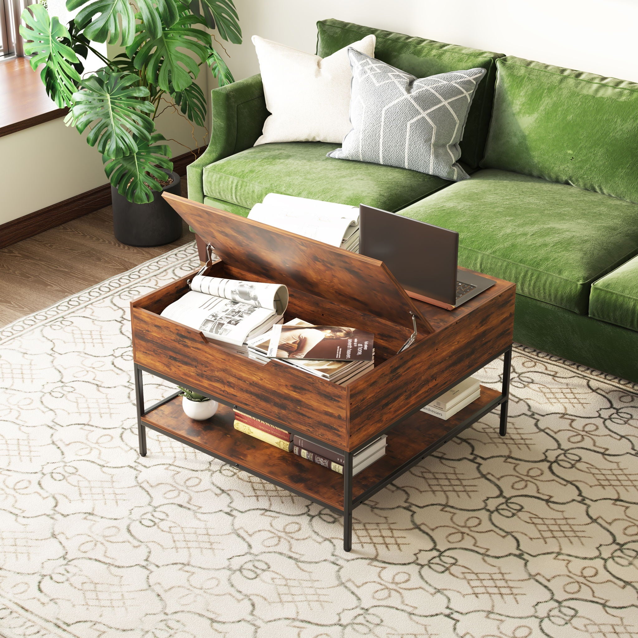 Rustic Flip Top Coffee Table With Hidden Storage - Black / Brown