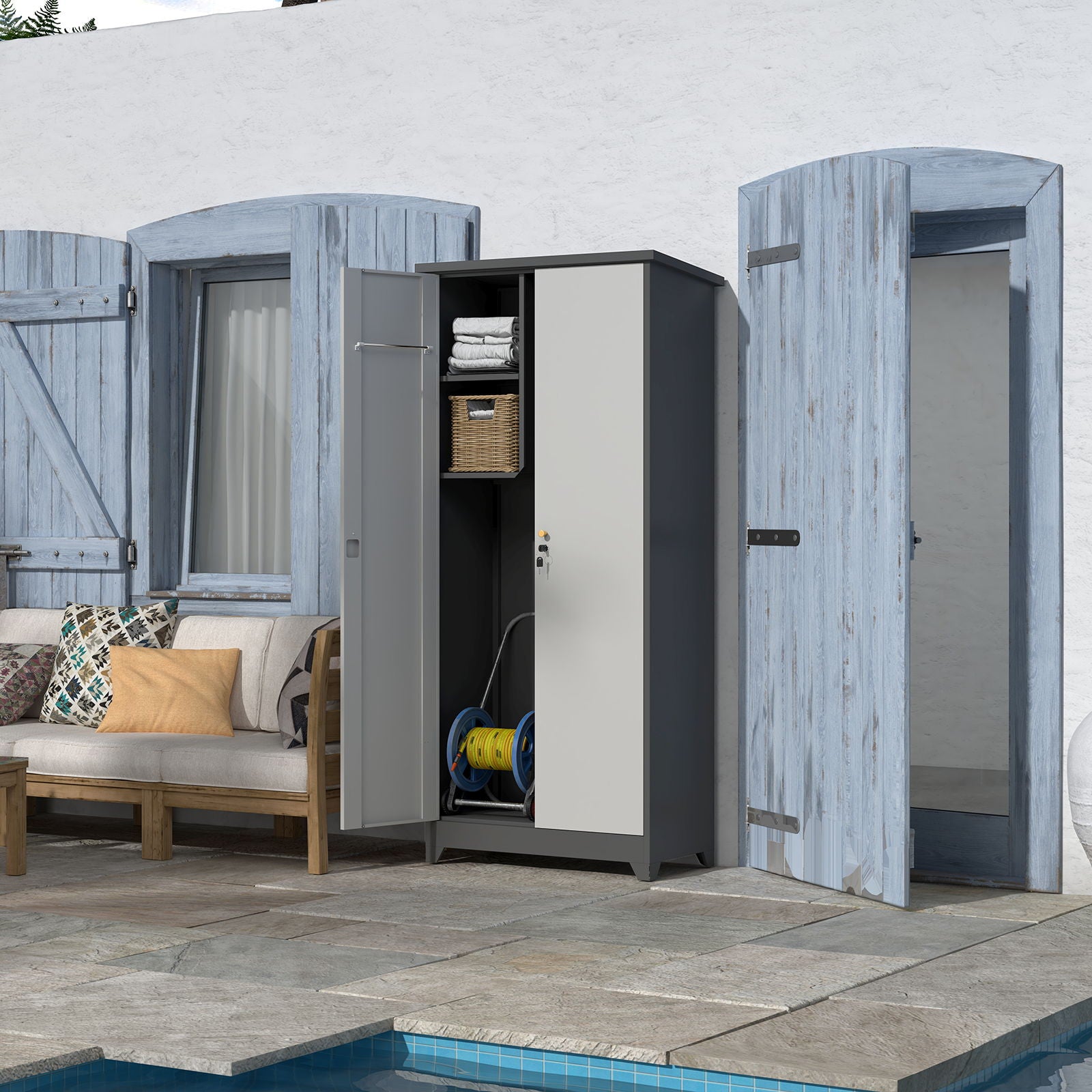 Outdoor Cabinet, Large Capacity Storage Vertical Tall Design With Shelves And Secure Lock