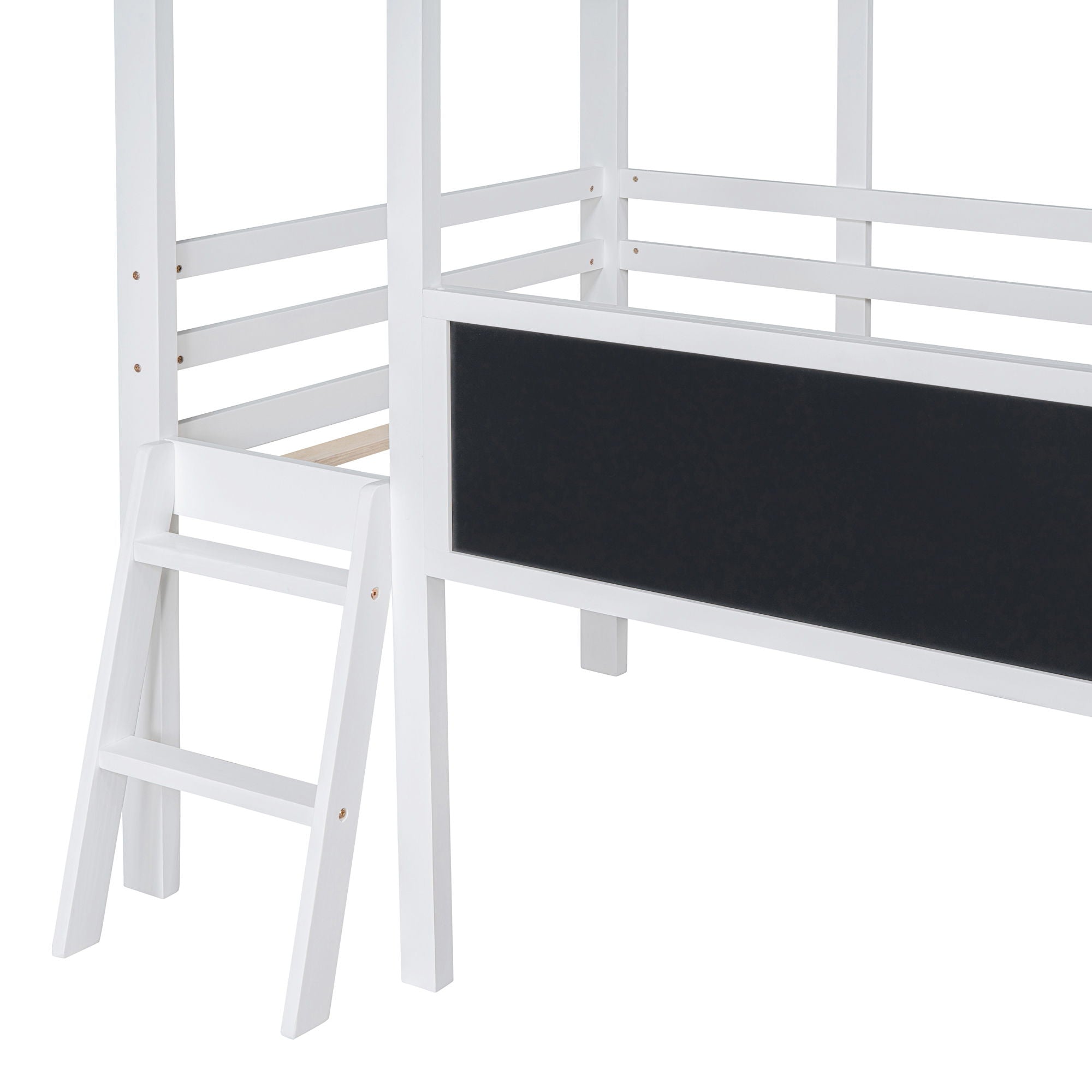 Loft House Bed With Ladder And Slide, With Blackboard And Light Strip On The Roof