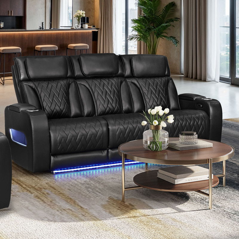 Jazz 84"W Black Leather Aire Transformer Power Reclining Sofa with Power Headrest, LED Lights, Wireless Charging Drop-Down Table, USB & USB-C Ports, Storage & Cupholders