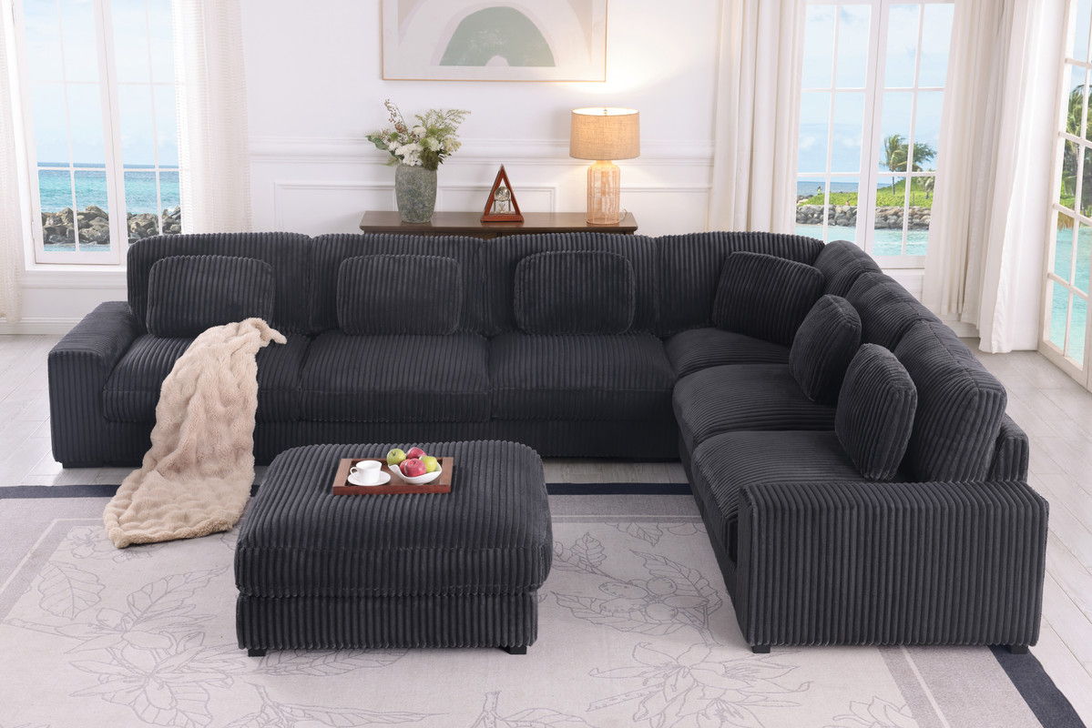 Sloane 151"W Charcoal Corduroy Fabric Reversible L-Shape Modular Sectional Sofa with Ottoman