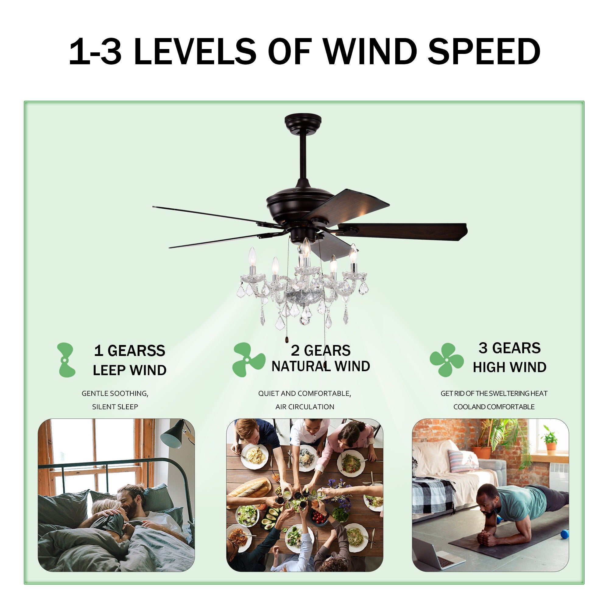 52" Crystal Shade Ceiling Fan Lamp, 3 Speed, 4 Timing, 5 Reversible Blades Crystal Ceiling Fan, 5 Pieces X E12 (No Include Bulb), Hand Pull Chain - Matte Black
