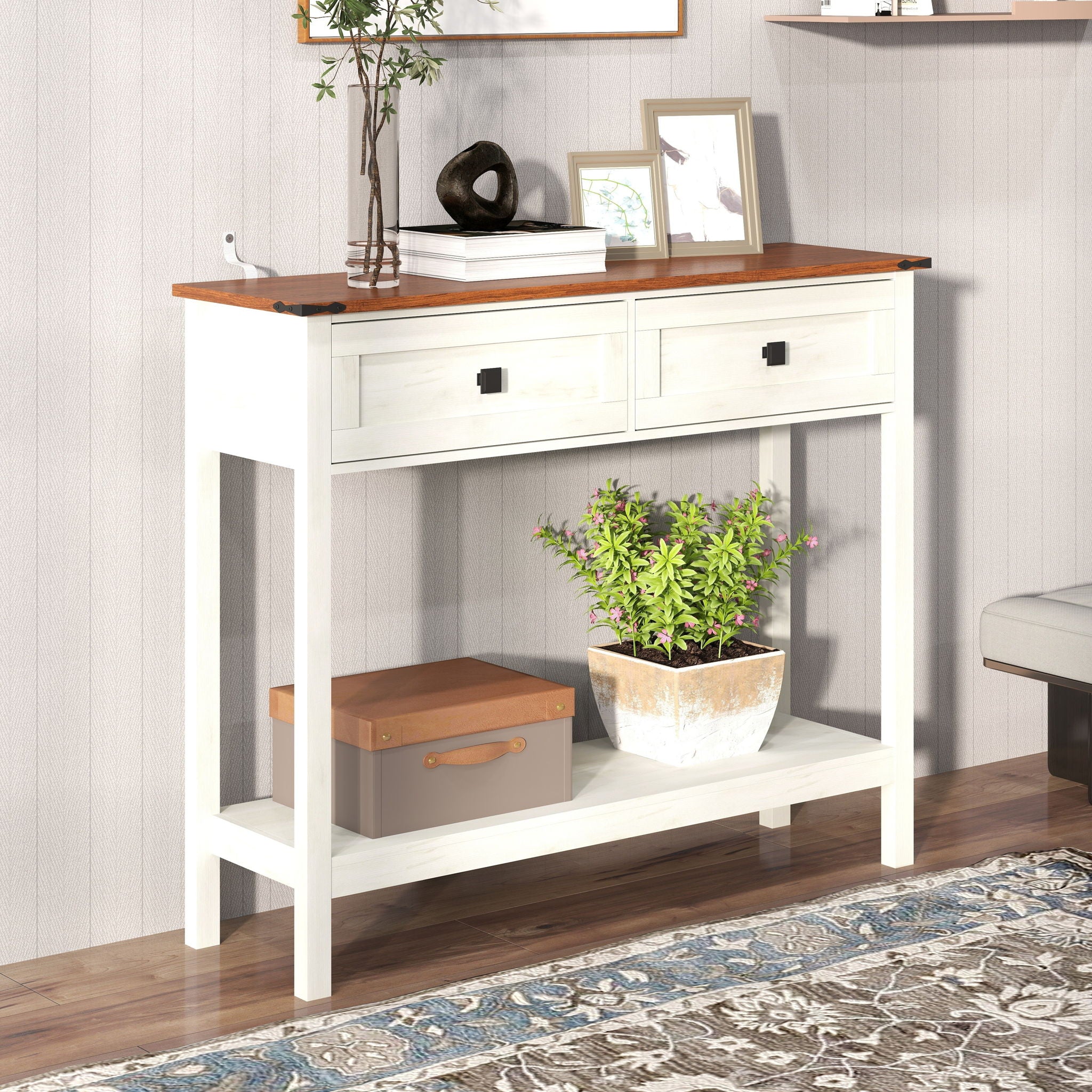Farmhouse Style Console Table With 2 Drawers And Bottom Storage Shelf