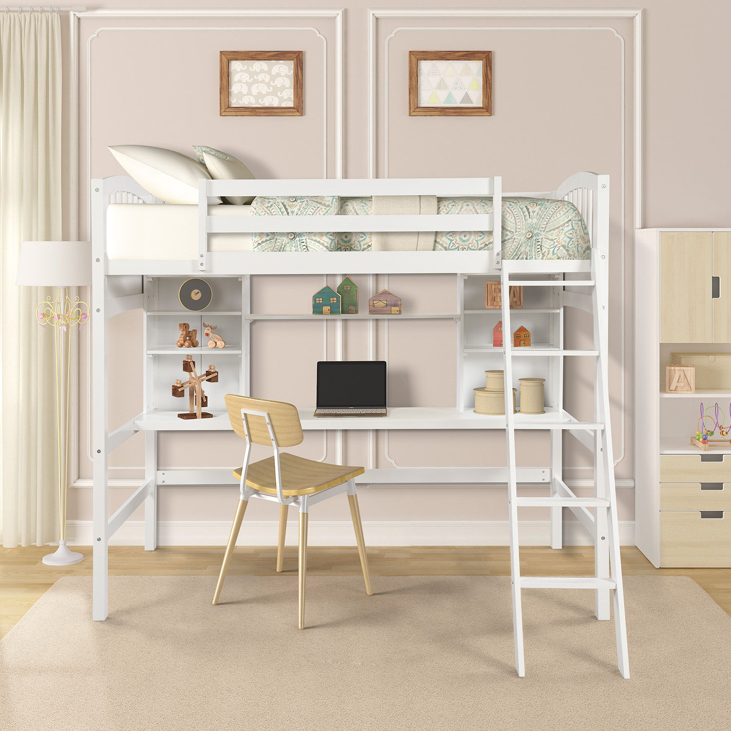 Loft Bed With Storage Shelves, Desk And Ladder