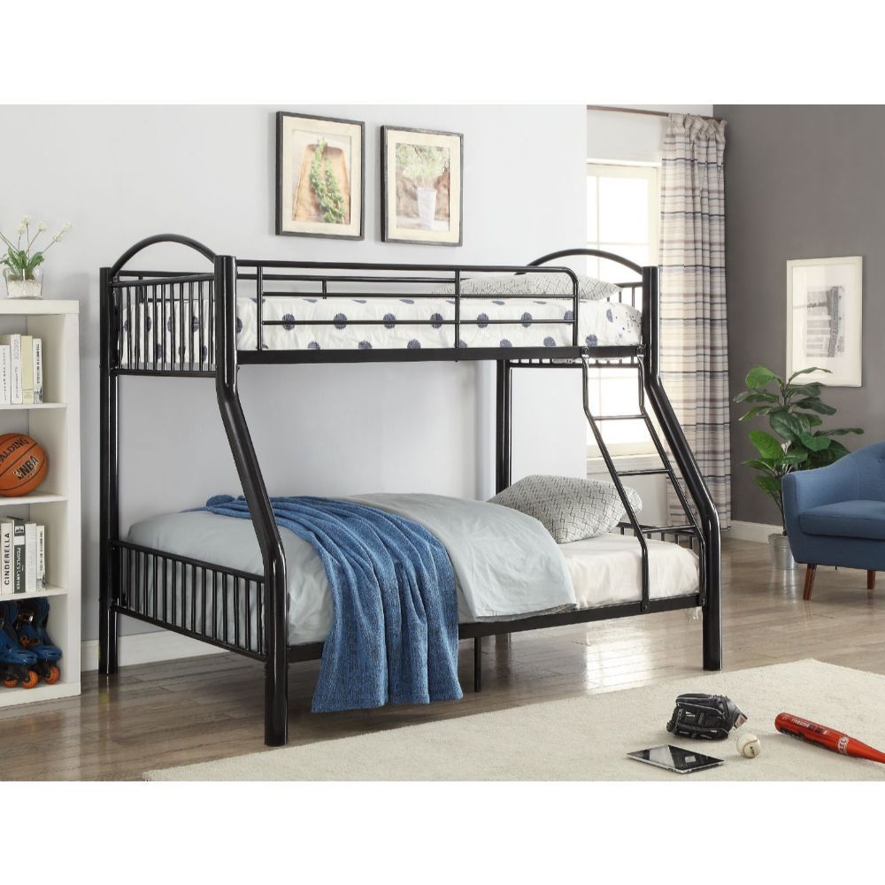 The Cayelynn bunk bed is a great way to free up space in a kids bedroom. It is a round metal tube design and features a built in ladder to the upper bed that also has a guardrail.