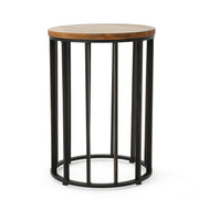 Outdoor Cylindrical Side Table With Round Solid Wood Top And Metal Frame - Natural