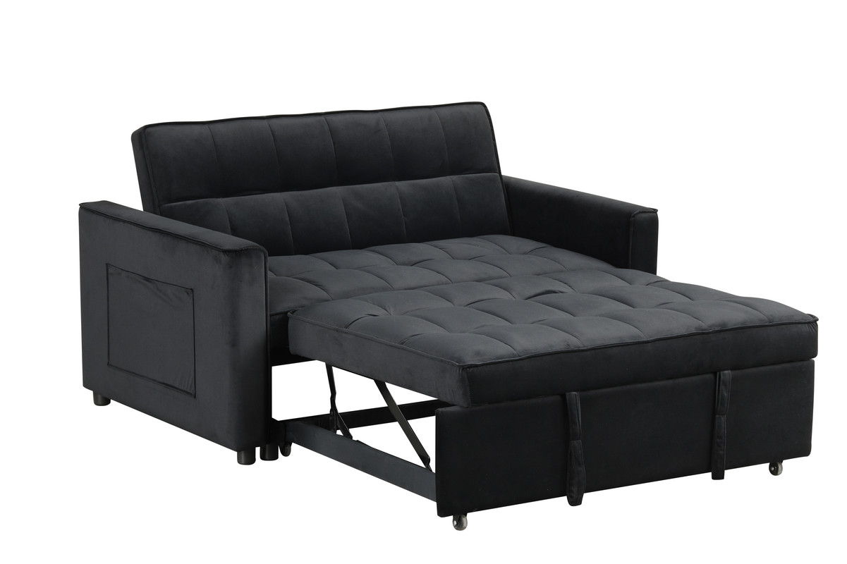 Maeve 53.5"W Black Velvet Convertible Sleeper Loveseat with Tufting and Side Pockets