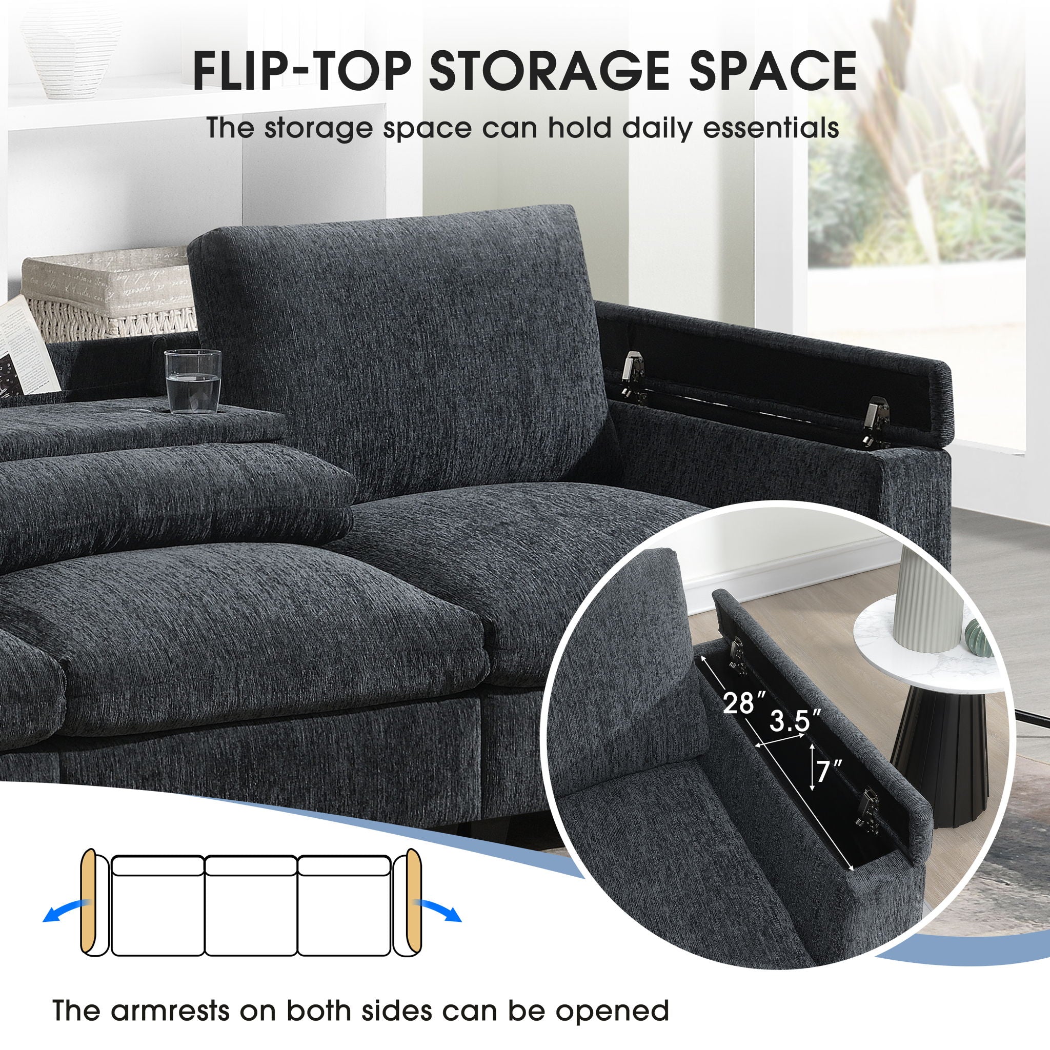 Sectional With Bluetooth Speaker Comfy Cloud Couch Set With Drop Down Table Cup Holders, USB Charger Storage Armrest Wide Seat Sofa