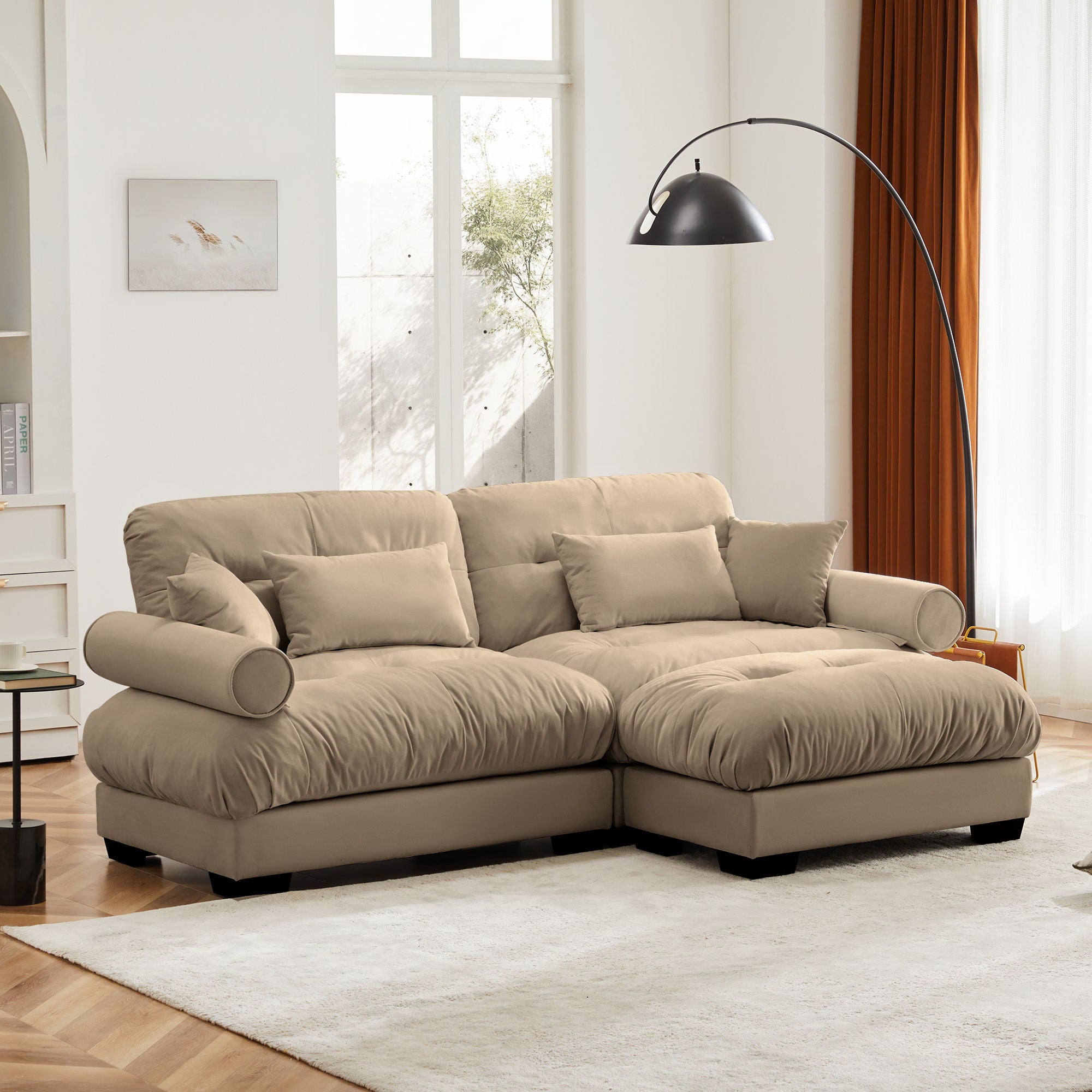 Modern Sectional Sofa With Ottoman, Round Bolster Armrests, Waist And Throw Pillows