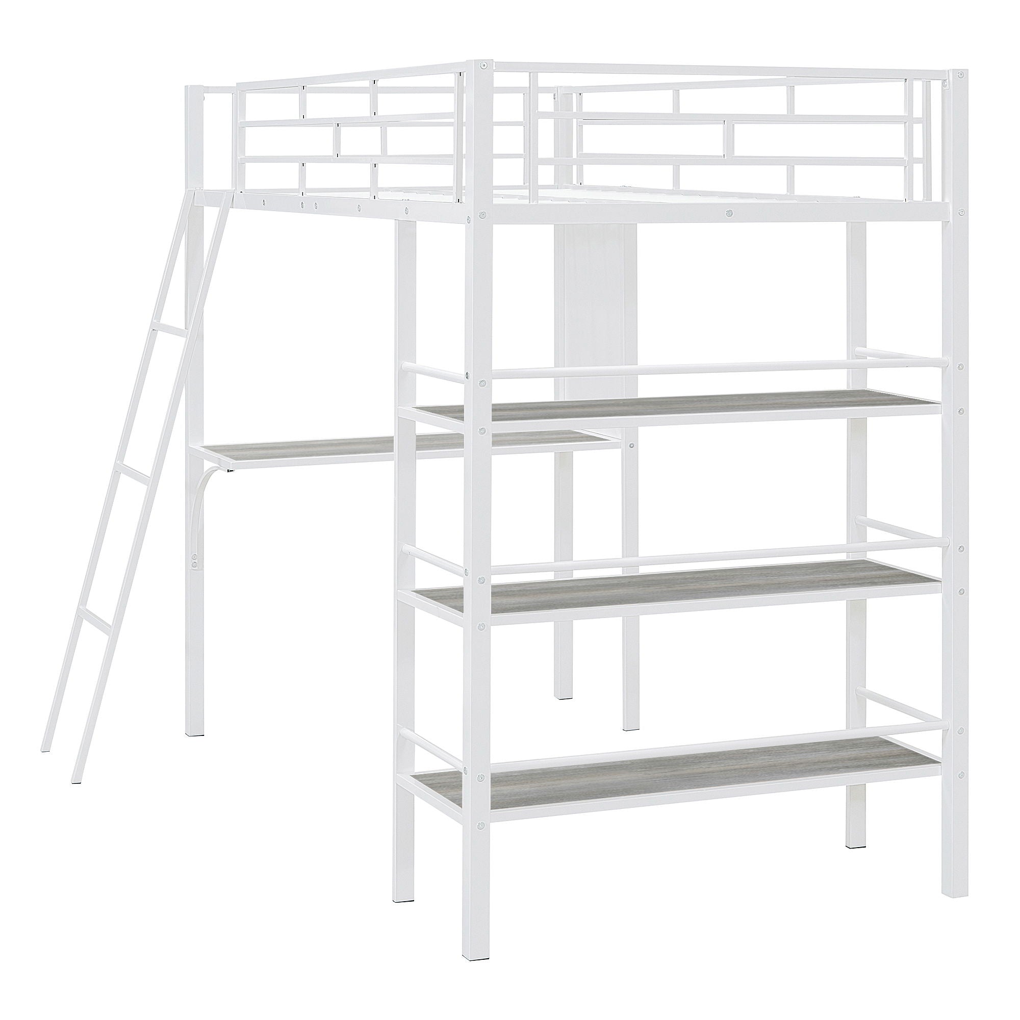 Loft Metal Bed With 3 Layers Of Shelves And Desk, Stylish Metal Frame Bed With Whiteboard