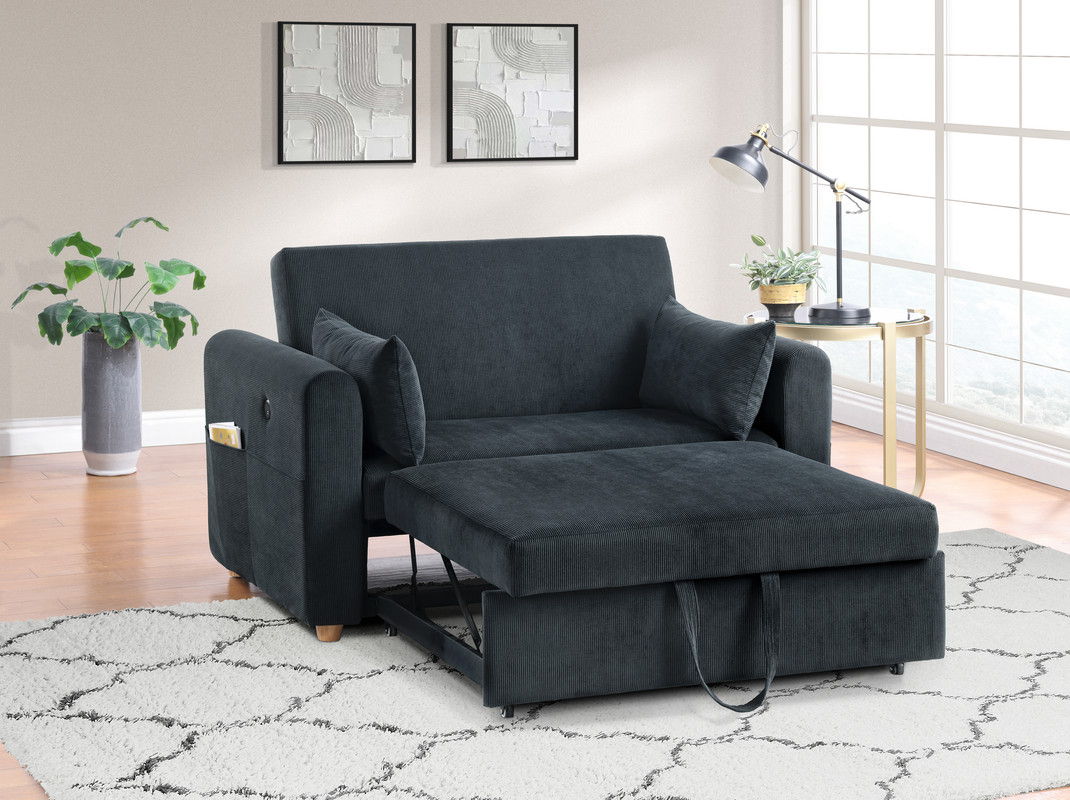 Marielle 55"W Black Corduroy Convertible Sleeper Loveseat with USB Ports, Magazine Pockets, and Pillows