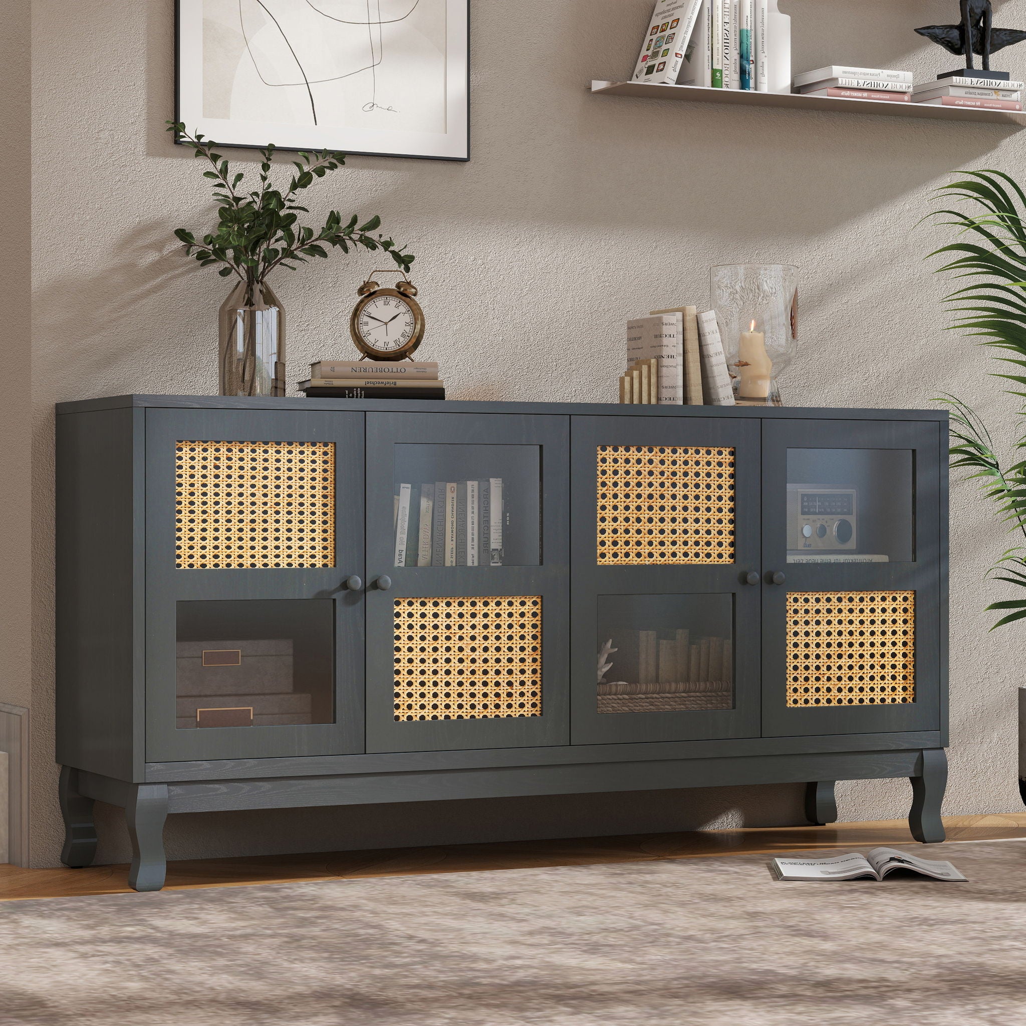 Retro Industrial 4 Door Sideboard With Large Storage, Rattan And Glass Doors