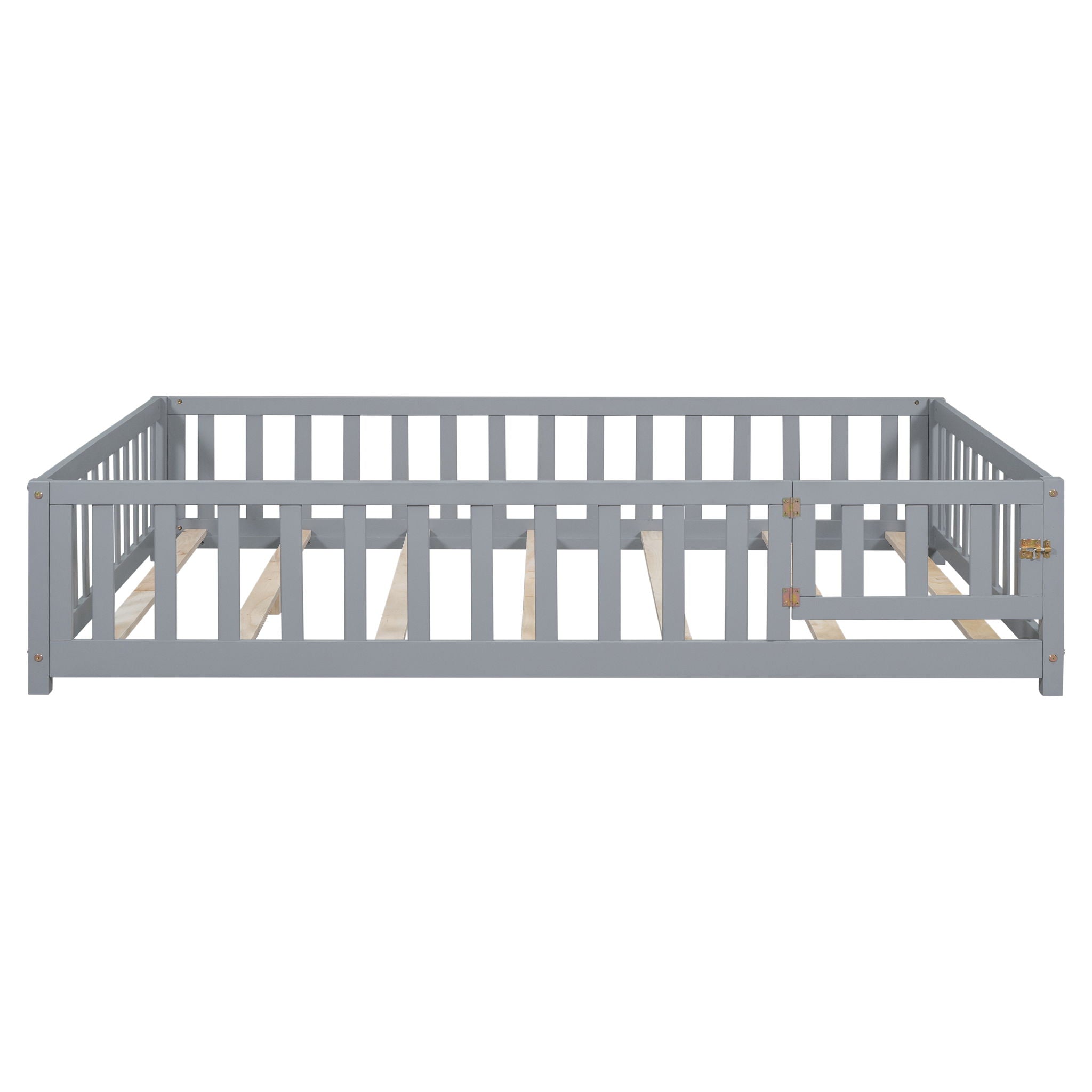 Montessori - Full Size Wooden Floor Platform Bed With Fence And Door, Montessori Floor Bed Frame With Support Slats For Toddlers - Gray