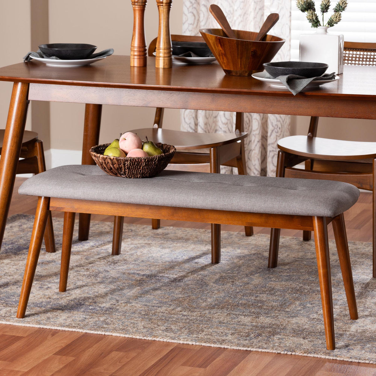 Flora II Mid-Century Modern Light Grey Fabric Upholstered Medium Oak Finished Wood Dining Bench