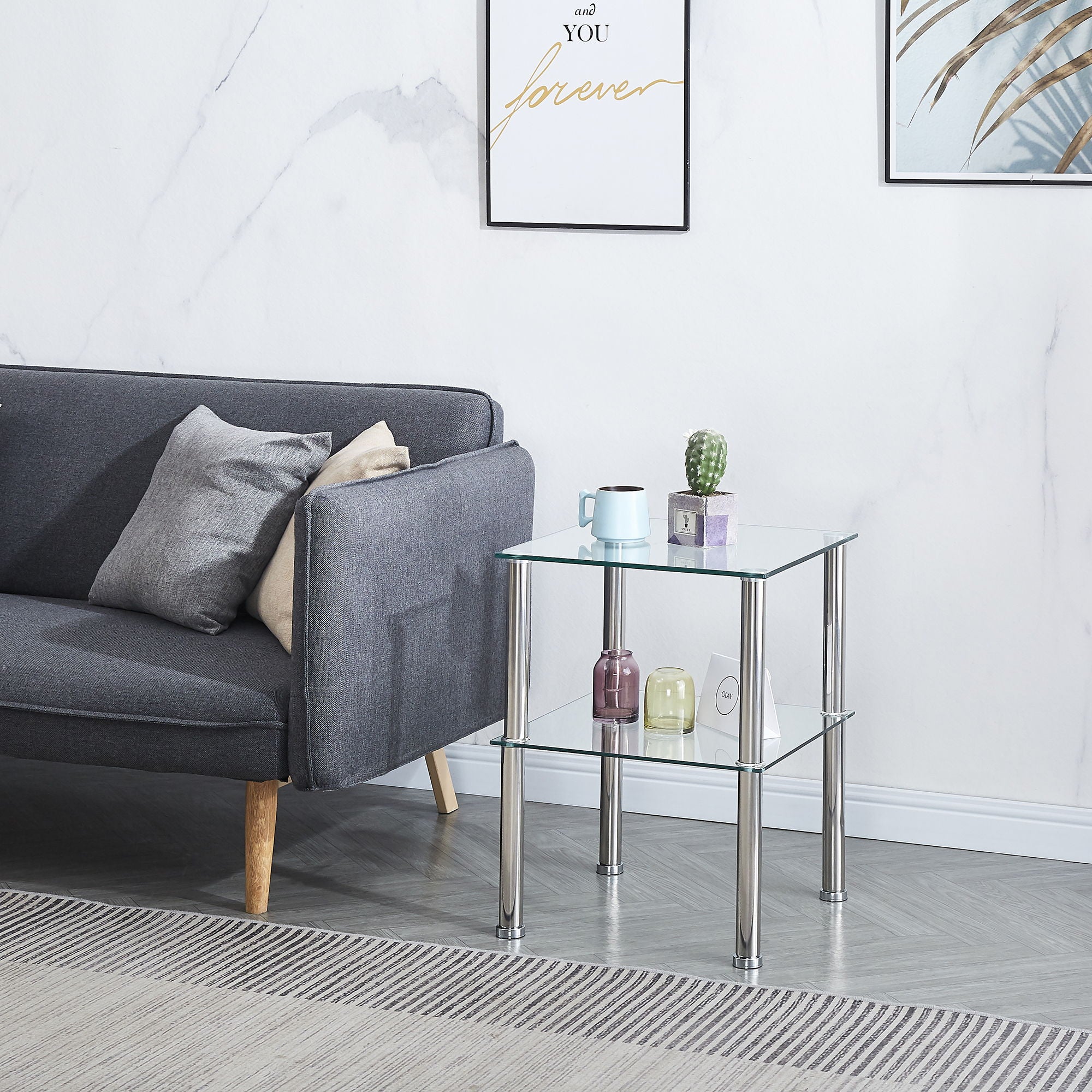 Modern 2 Piece Side Table With Storage Shelf, Tempered Glass, Space Saving Design - Clear