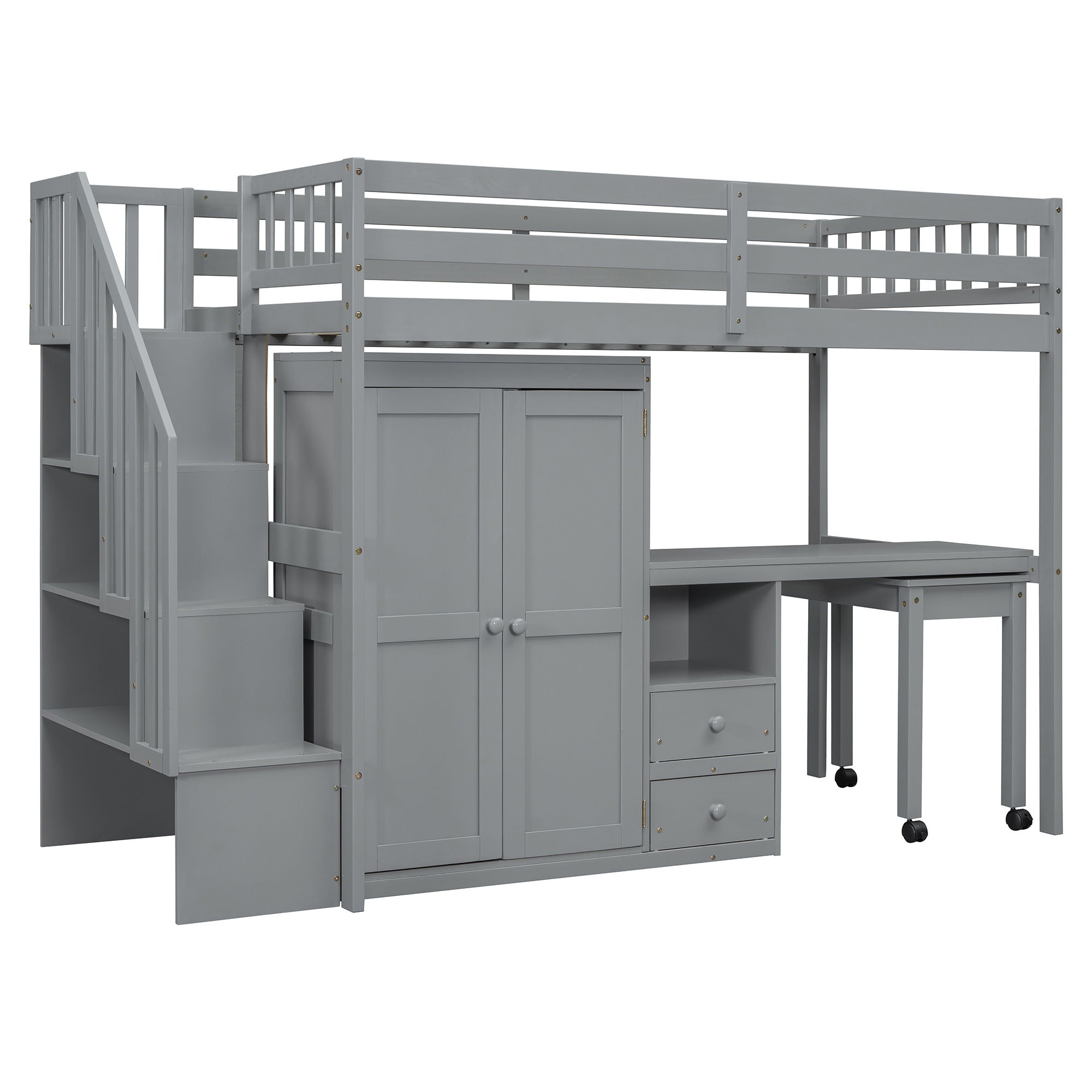 Loft Bed With Stairs, Bookshelf, Drawers, Desk & Wardrobe, Space Saving Multifunctional Furniture