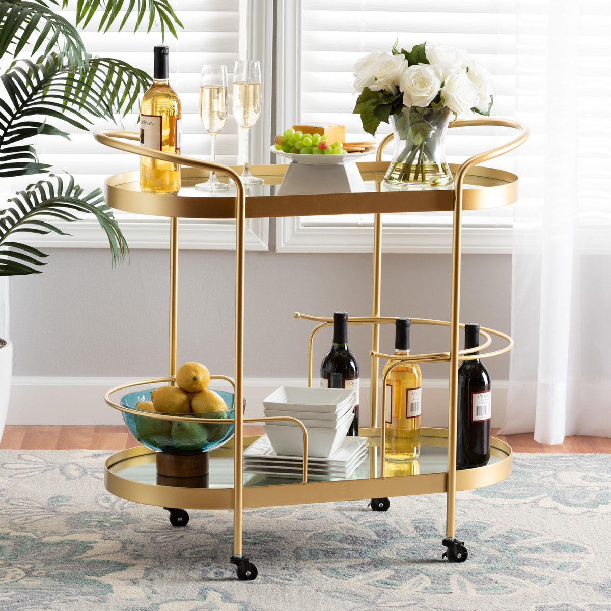 Kamal Modern and Contemporary Glam Brushed Gold Finished Metal and Mirrored Glass 2-Tier Mobile Wine Bar Cart