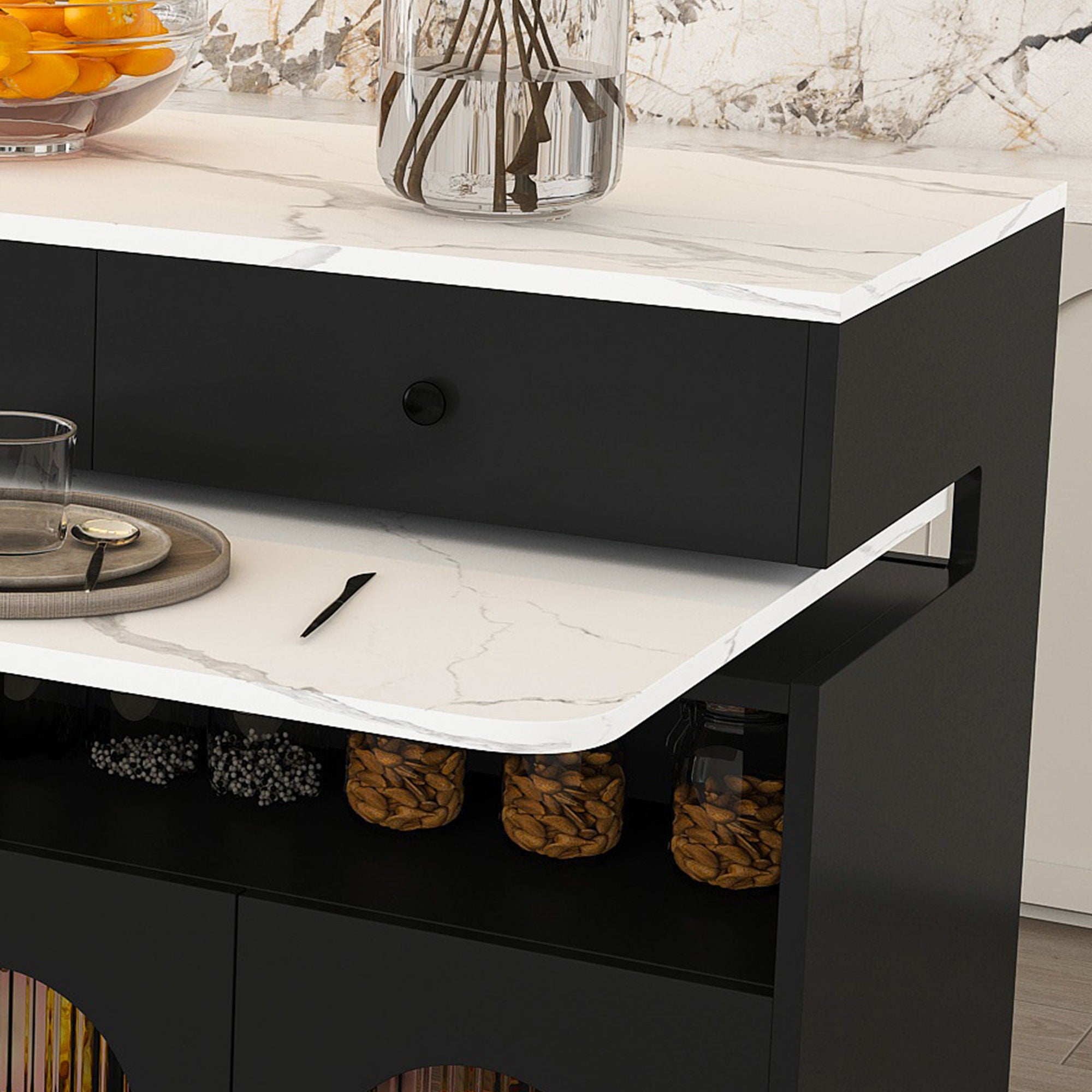 Kitchen Island With Extendable Rotating Table, 4 Drawers & Glass Door Cabinets, Built In Socket - Black